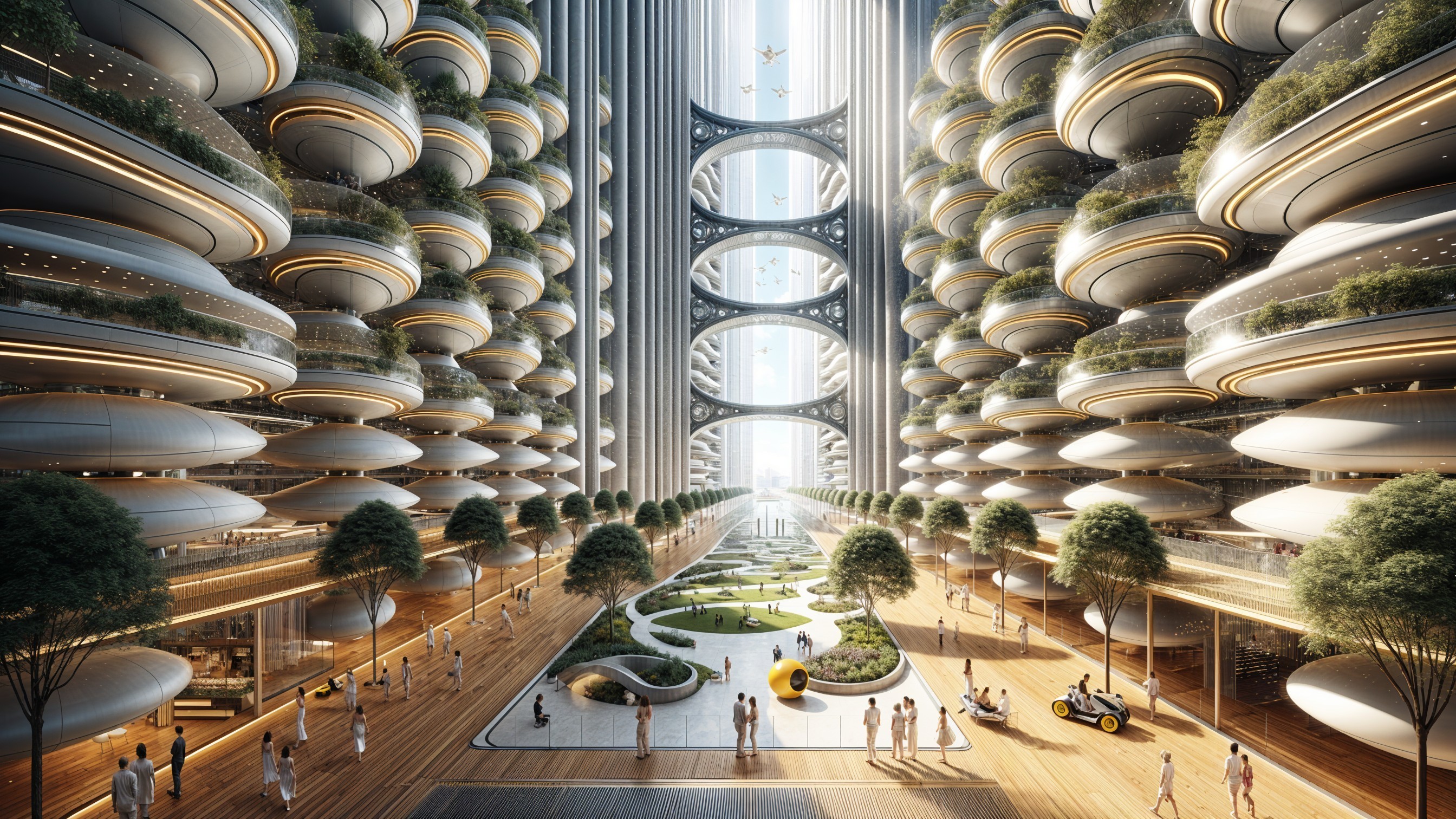 Futuristic cityscape with greenery and open spaces