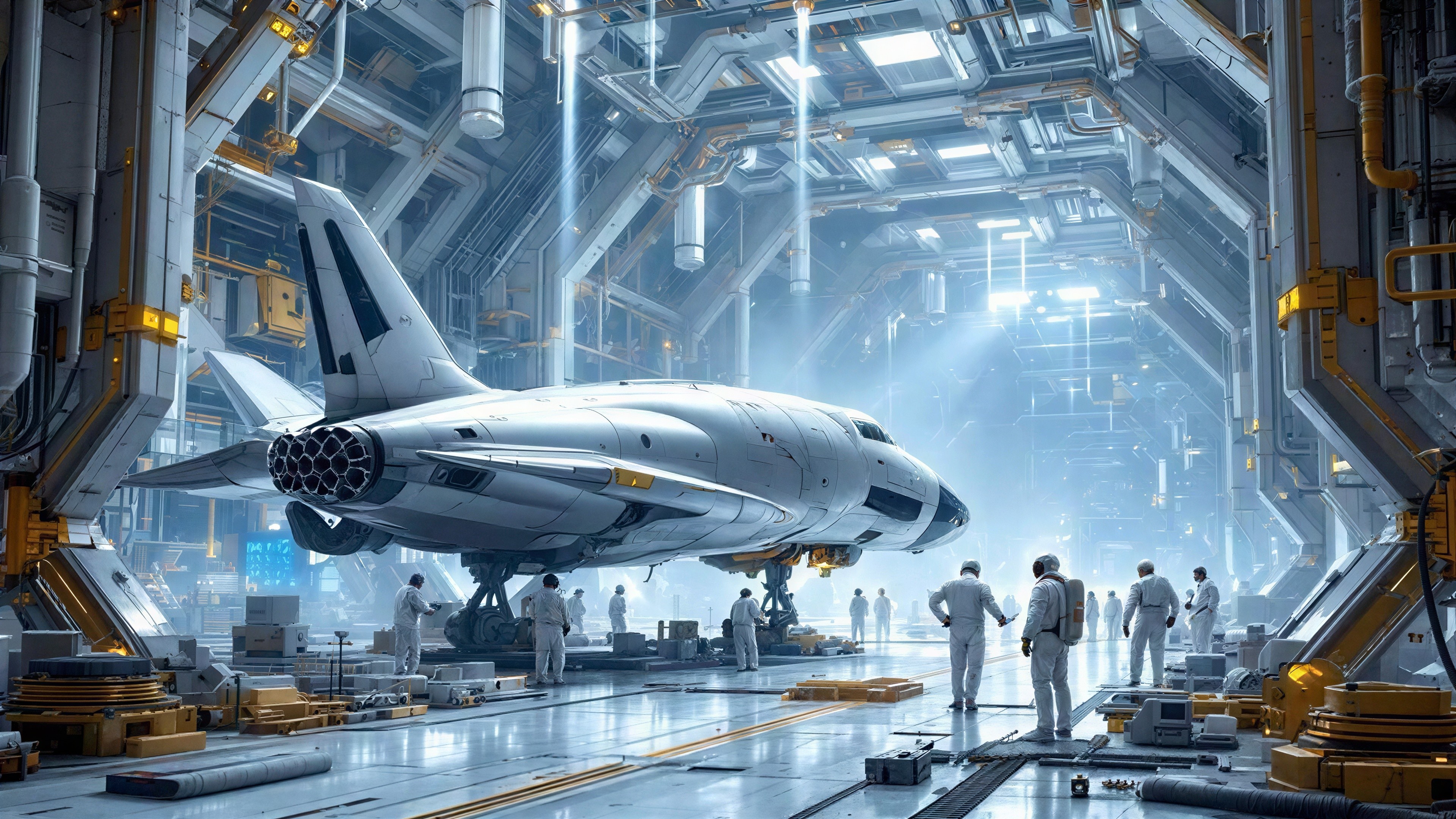 Futuristic Spaceship in a Spacious Hangar Setting