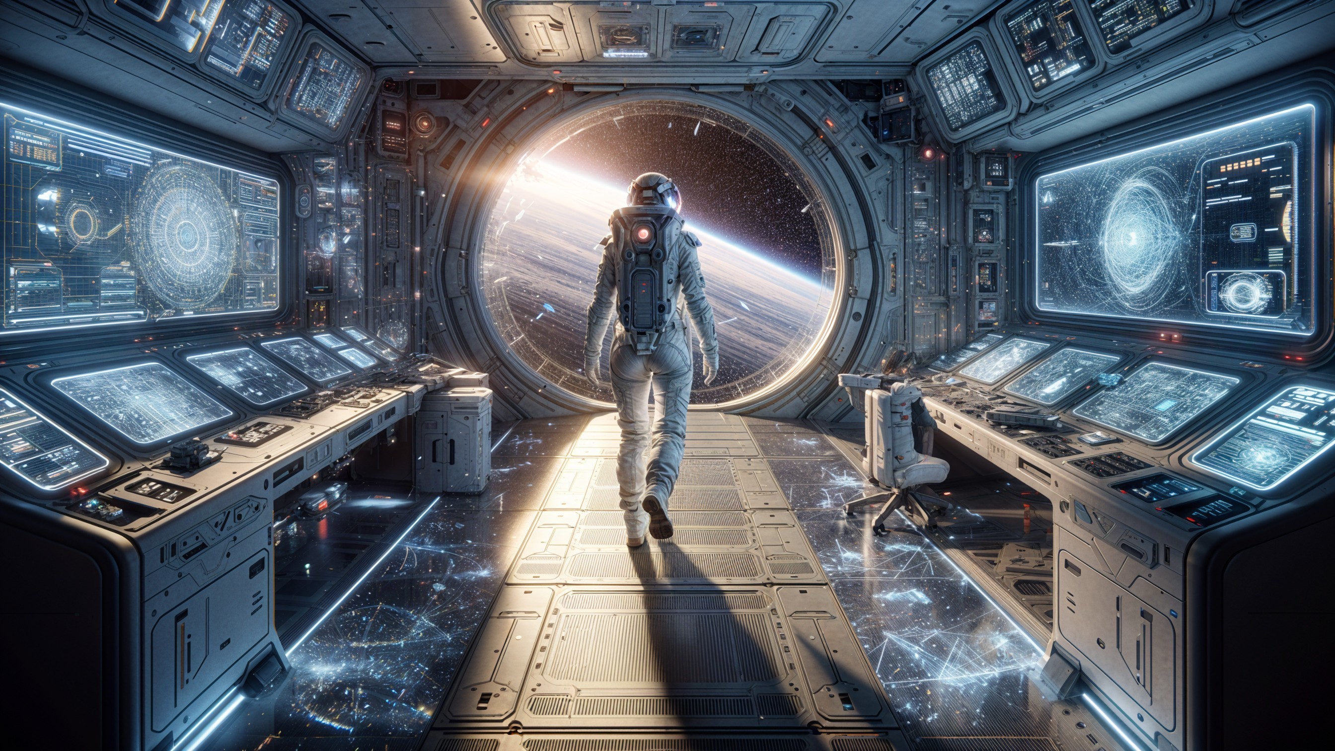 Astronaut in Spacecraft Viewing Colorful Planet
