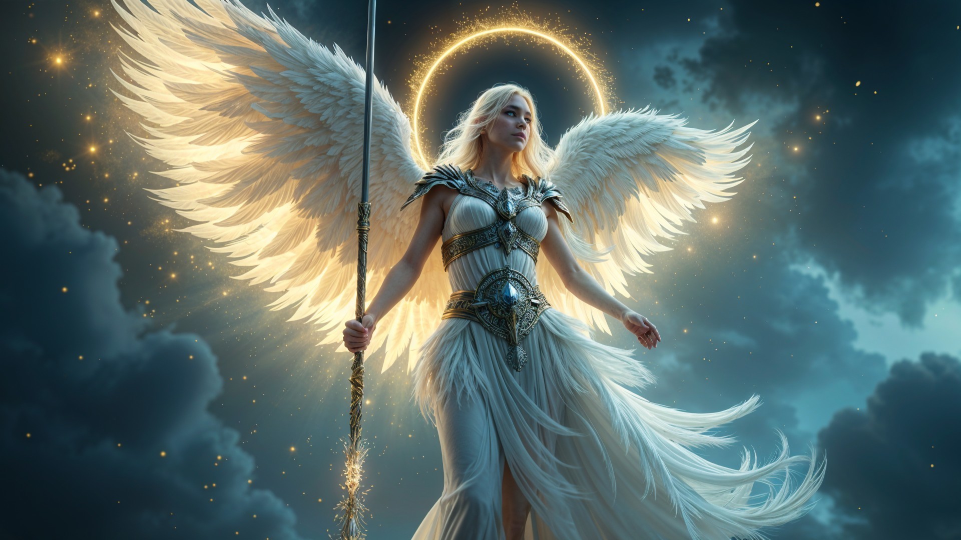 Majestic angel with halo and shimmering wings in sky