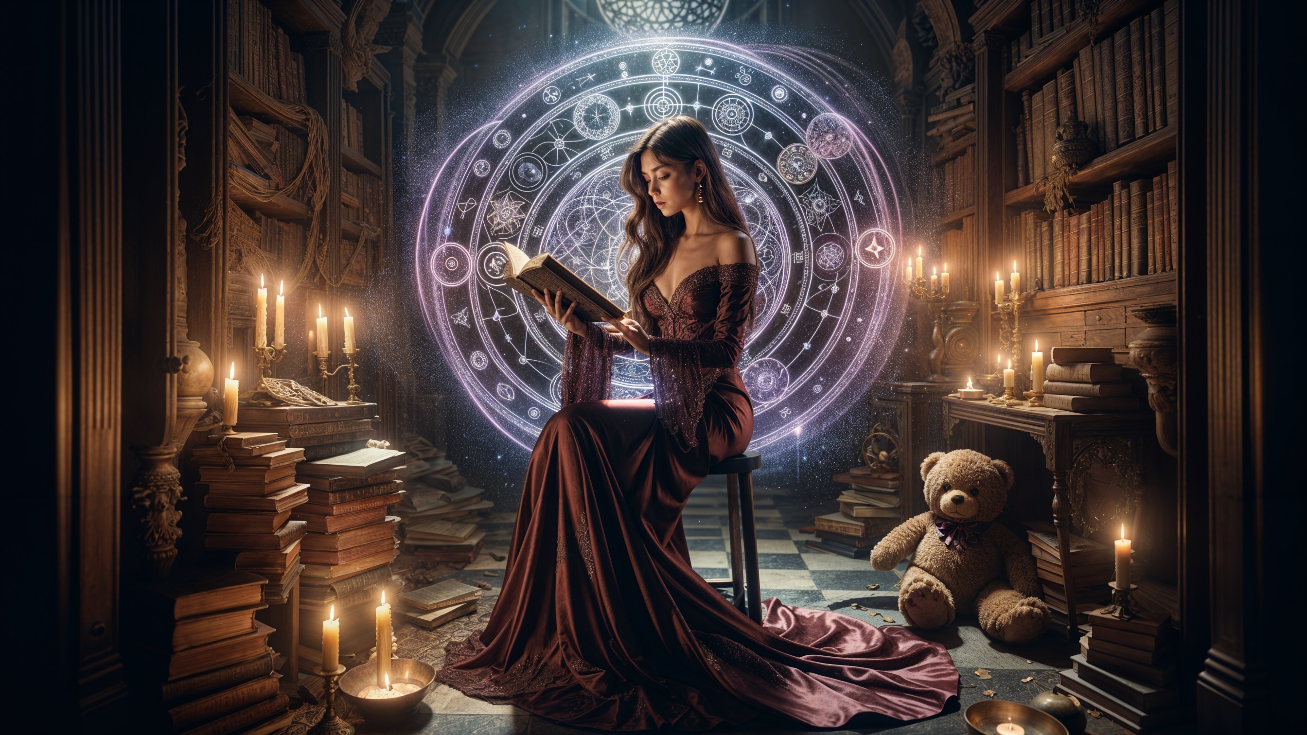 Woman in maroon gown reading in ancient library setting