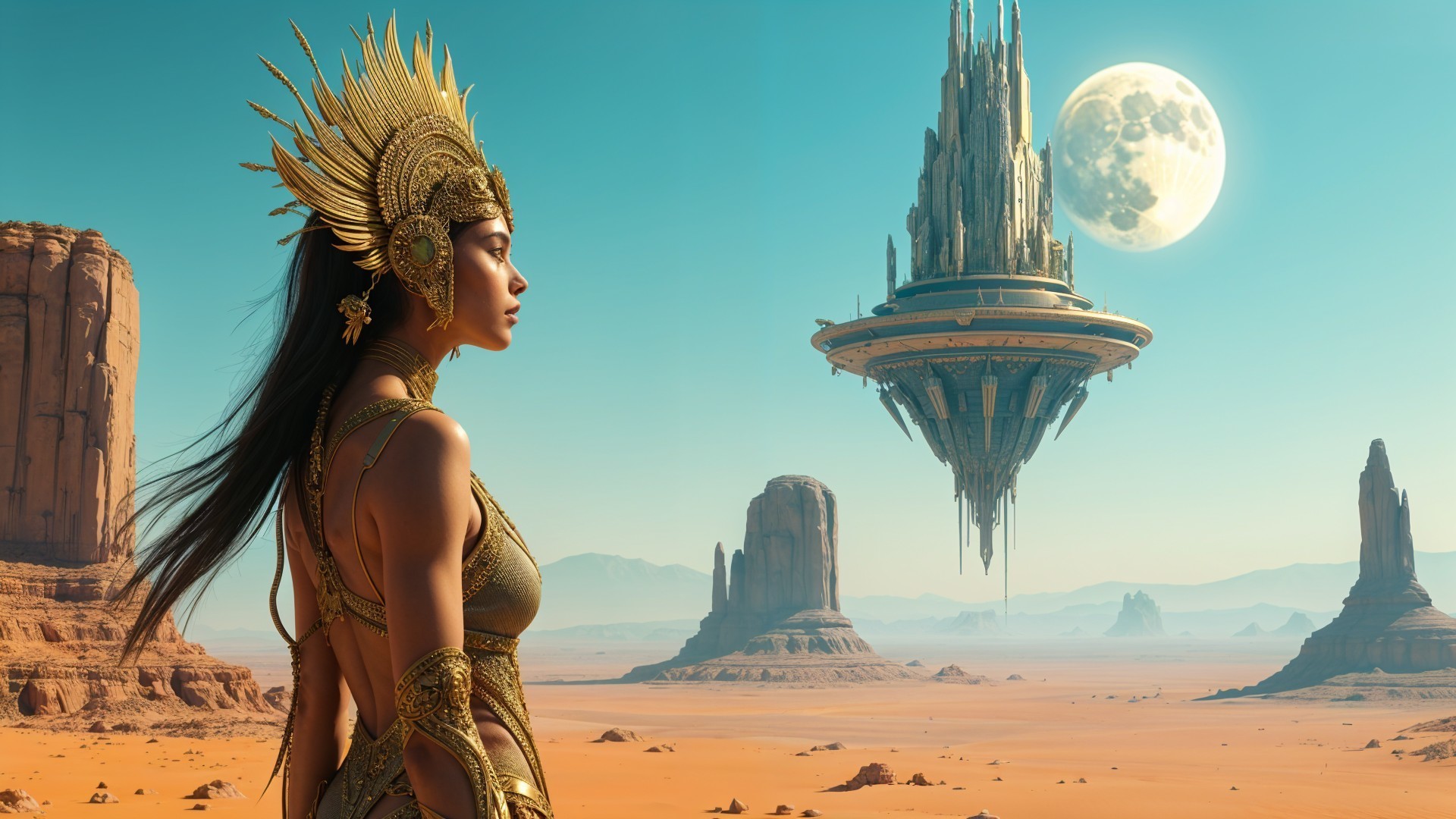 Majestic figure in gold attire against desert landscape