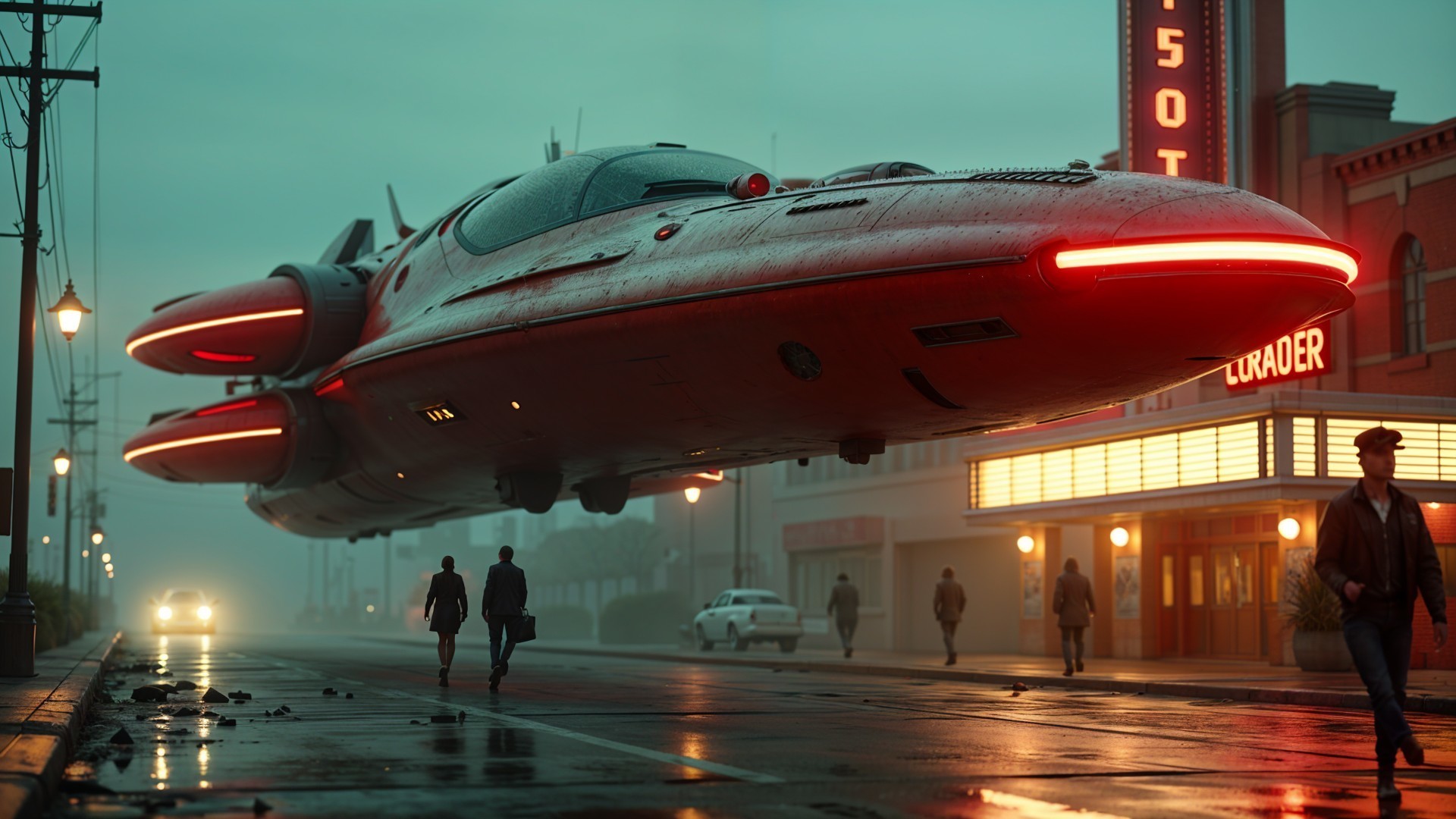 Futuristic Spaceship Over Rainy Urban Street Scene