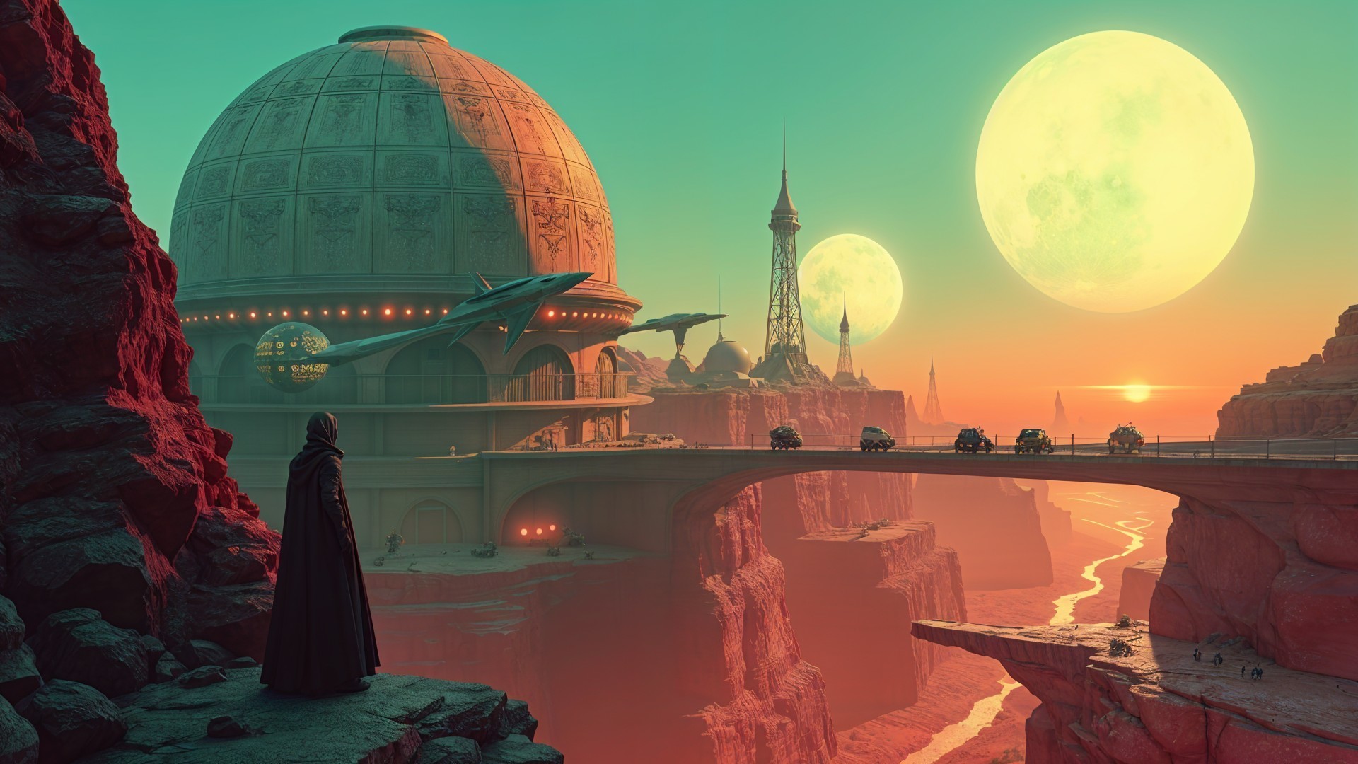 Futuristic landscape with moons, rock formations, and a dome