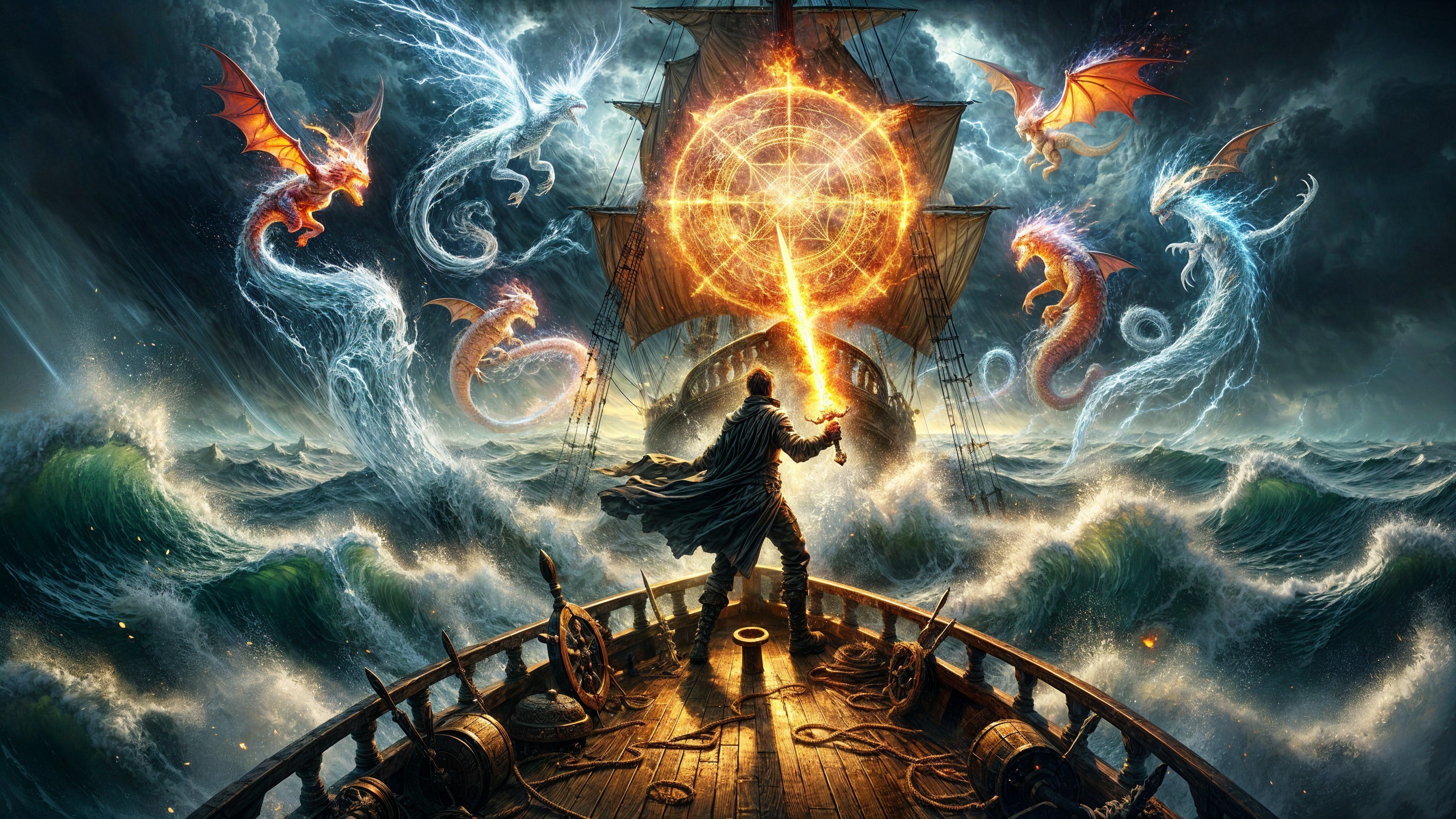 Dramatic Ship Scene with Glowing Sword and Dragons