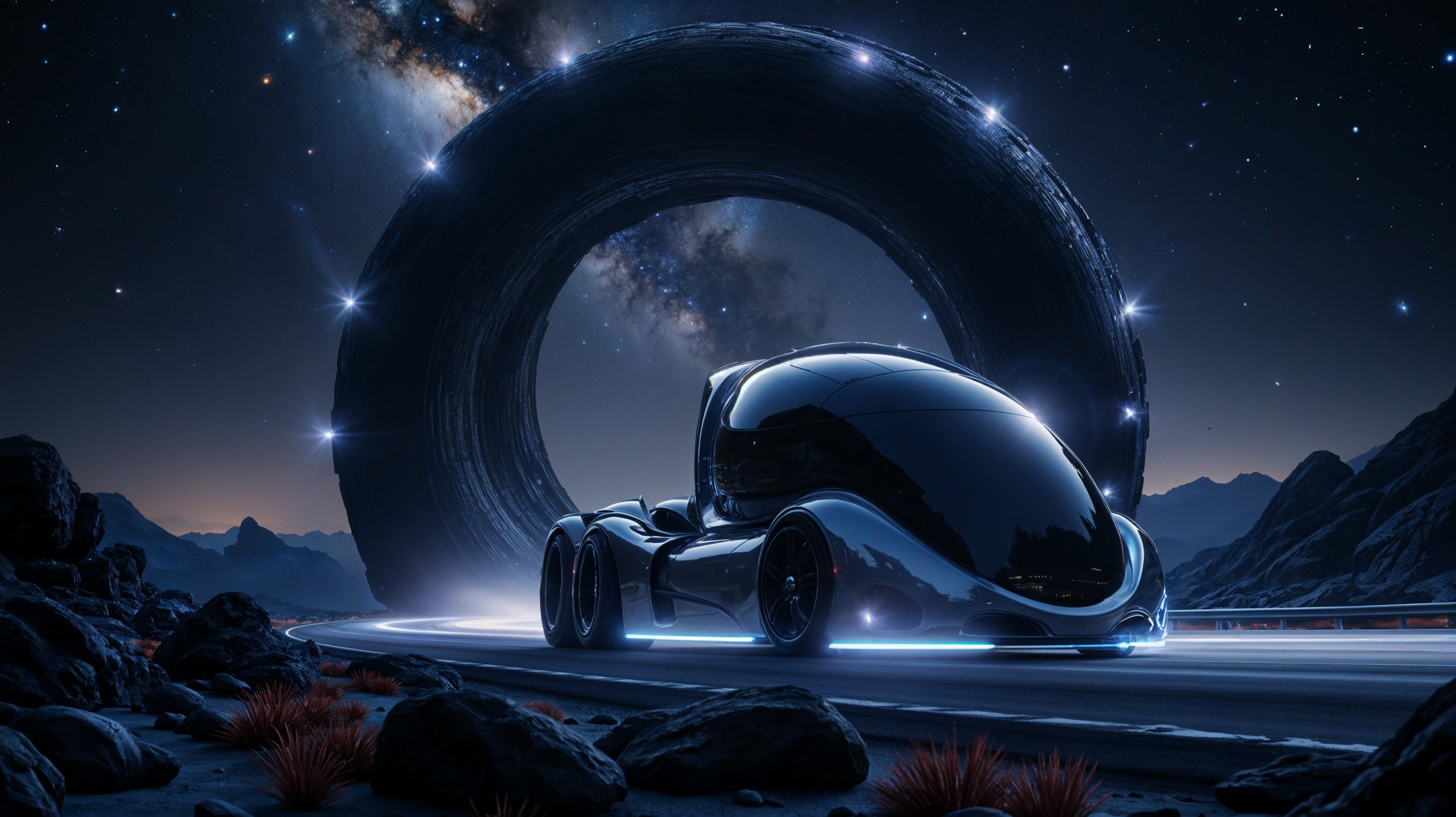 Futuristic Black Vehicle Under Starlit Sky and Portal