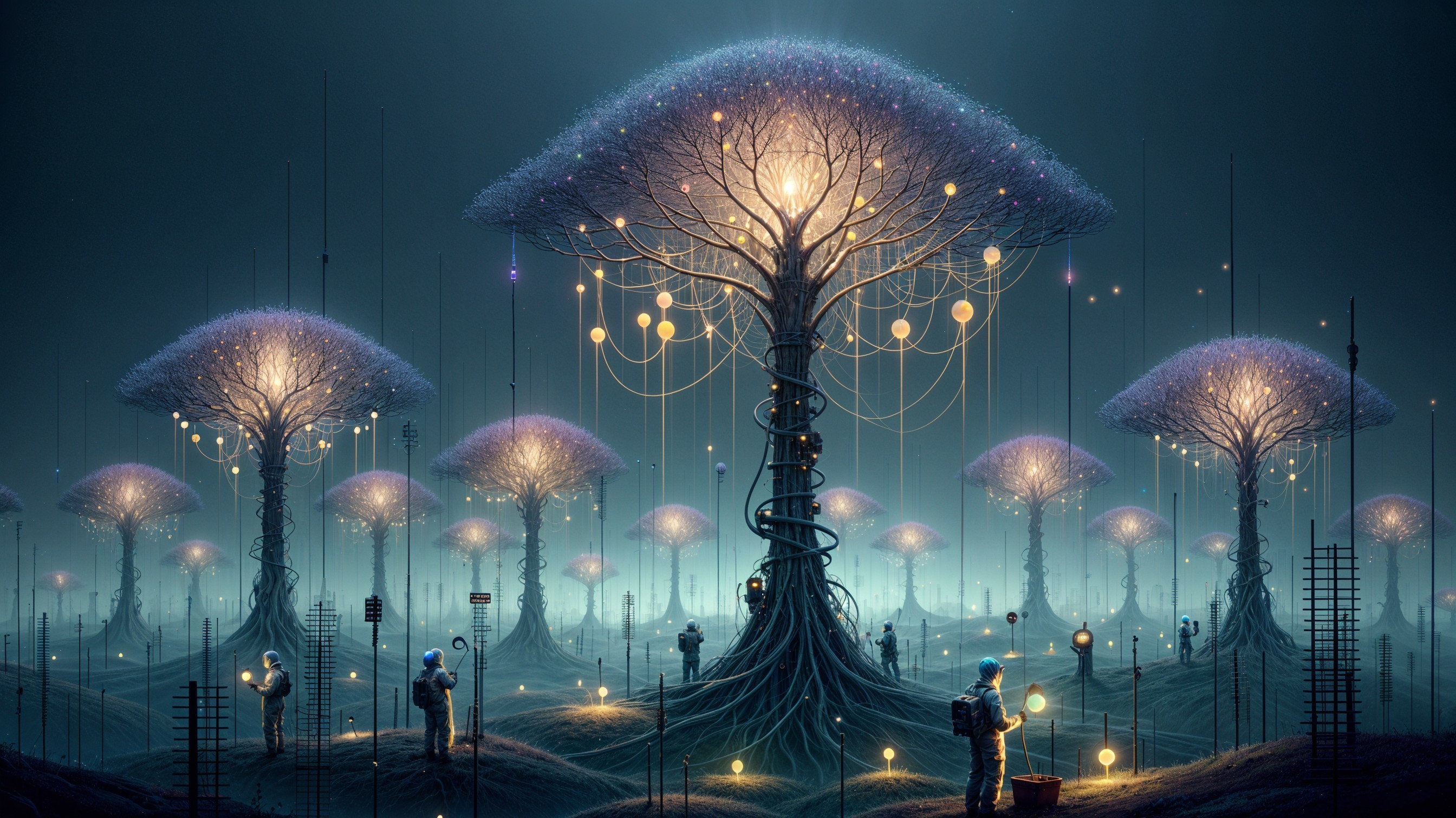 Surreal Landscape with Luminous Trees and Futuristic Figures