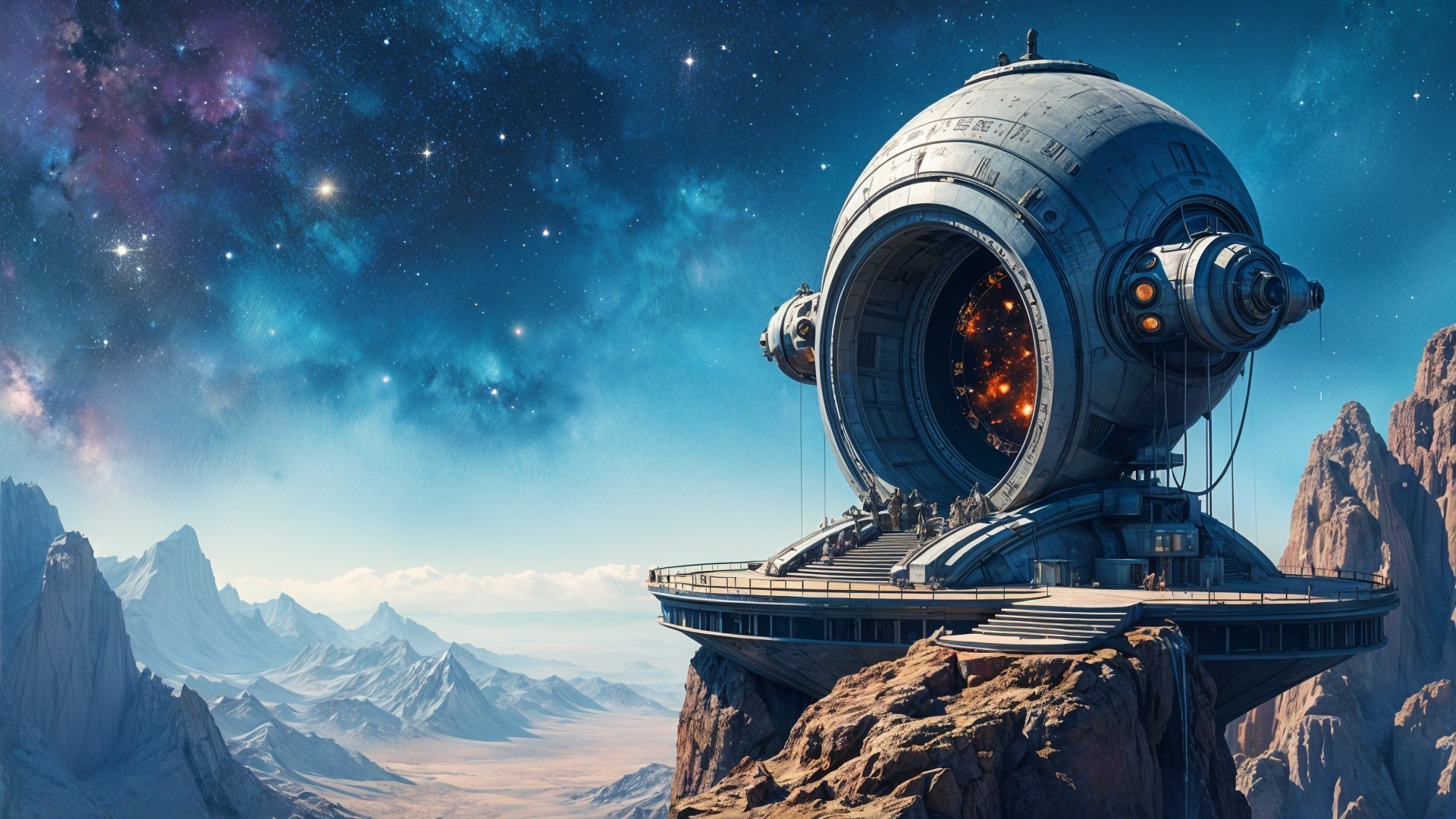 Futuristic spacecraft-like structure on rocky outcrop