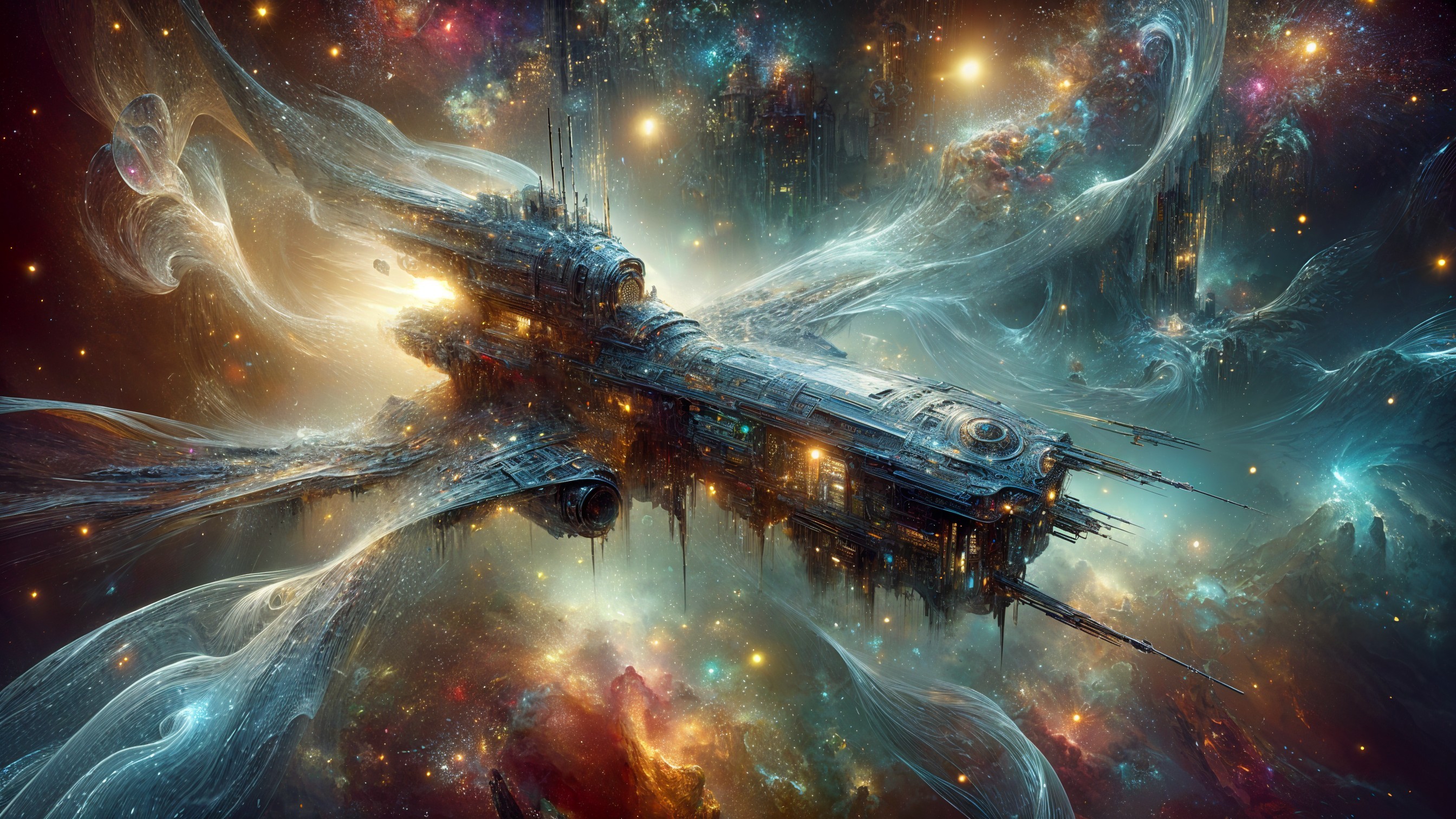Majestic spaceship in vibrant cosmic landscape