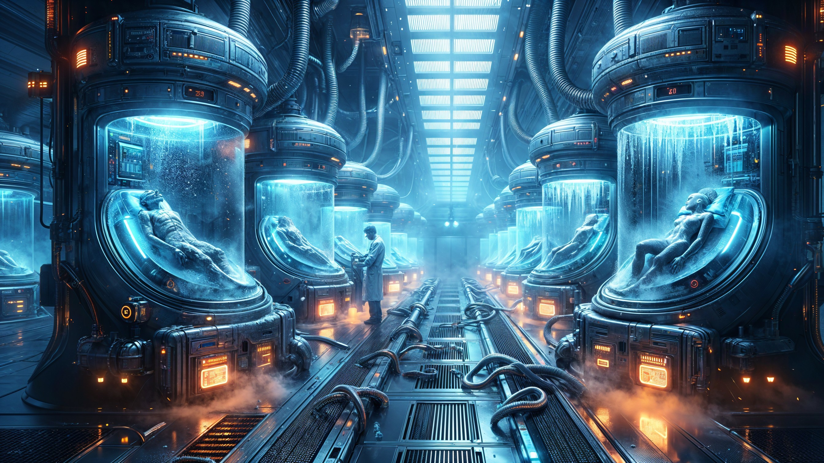 Futuristic laboratory with humanoid figures in capsules