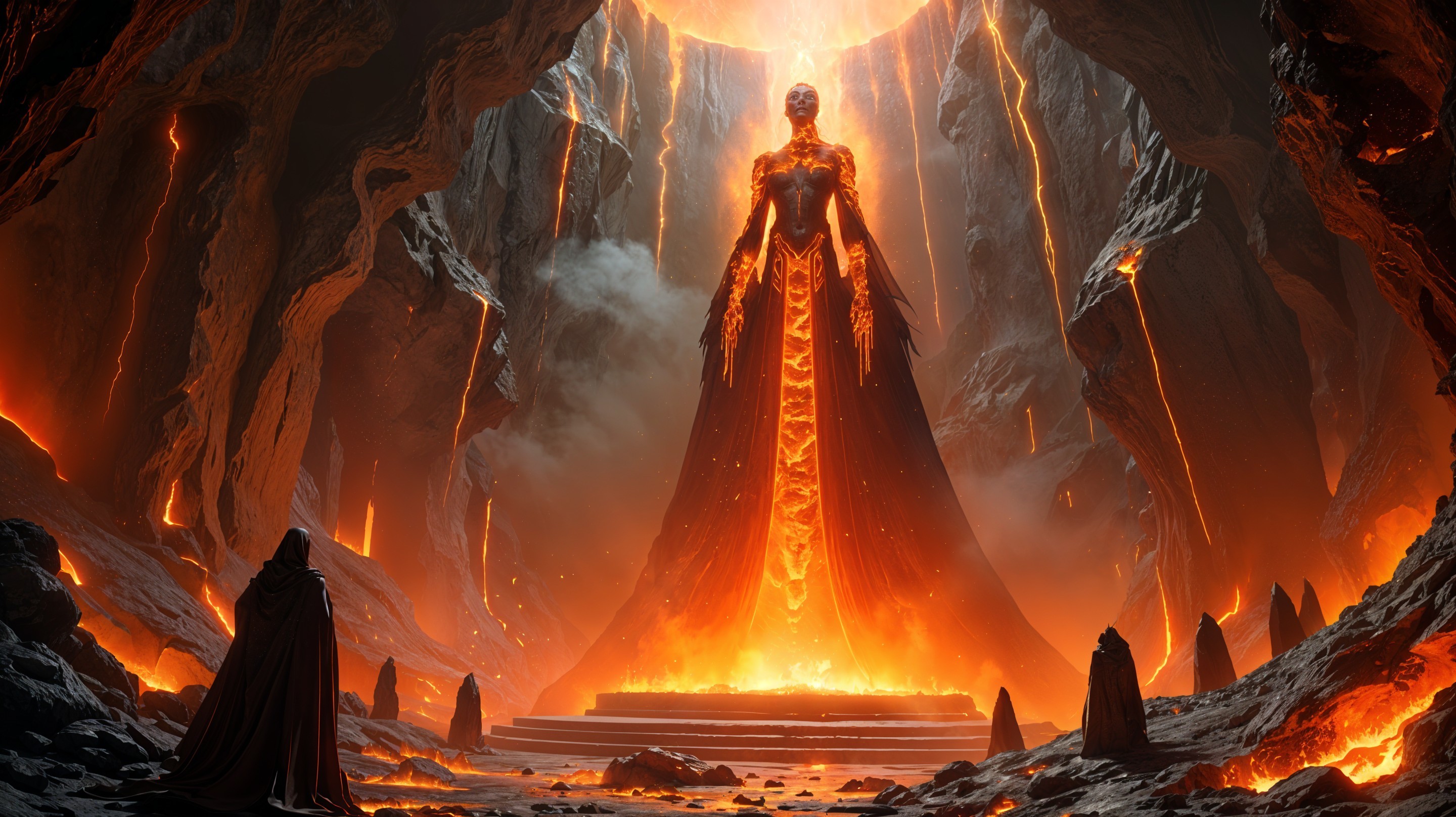 Majestic figure in a lava-lit cavern with hooded observers