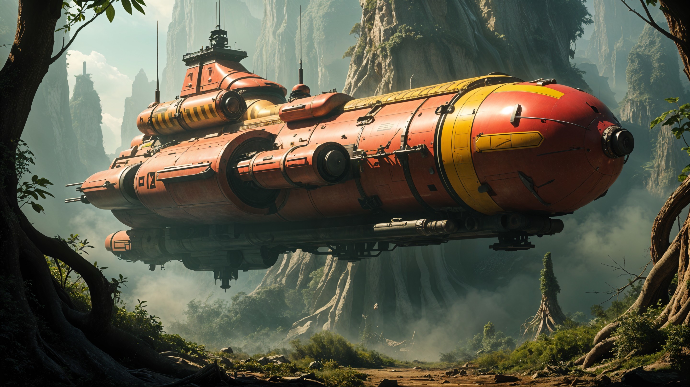 Futuristic Spaceship in a Lush Alien Landscape