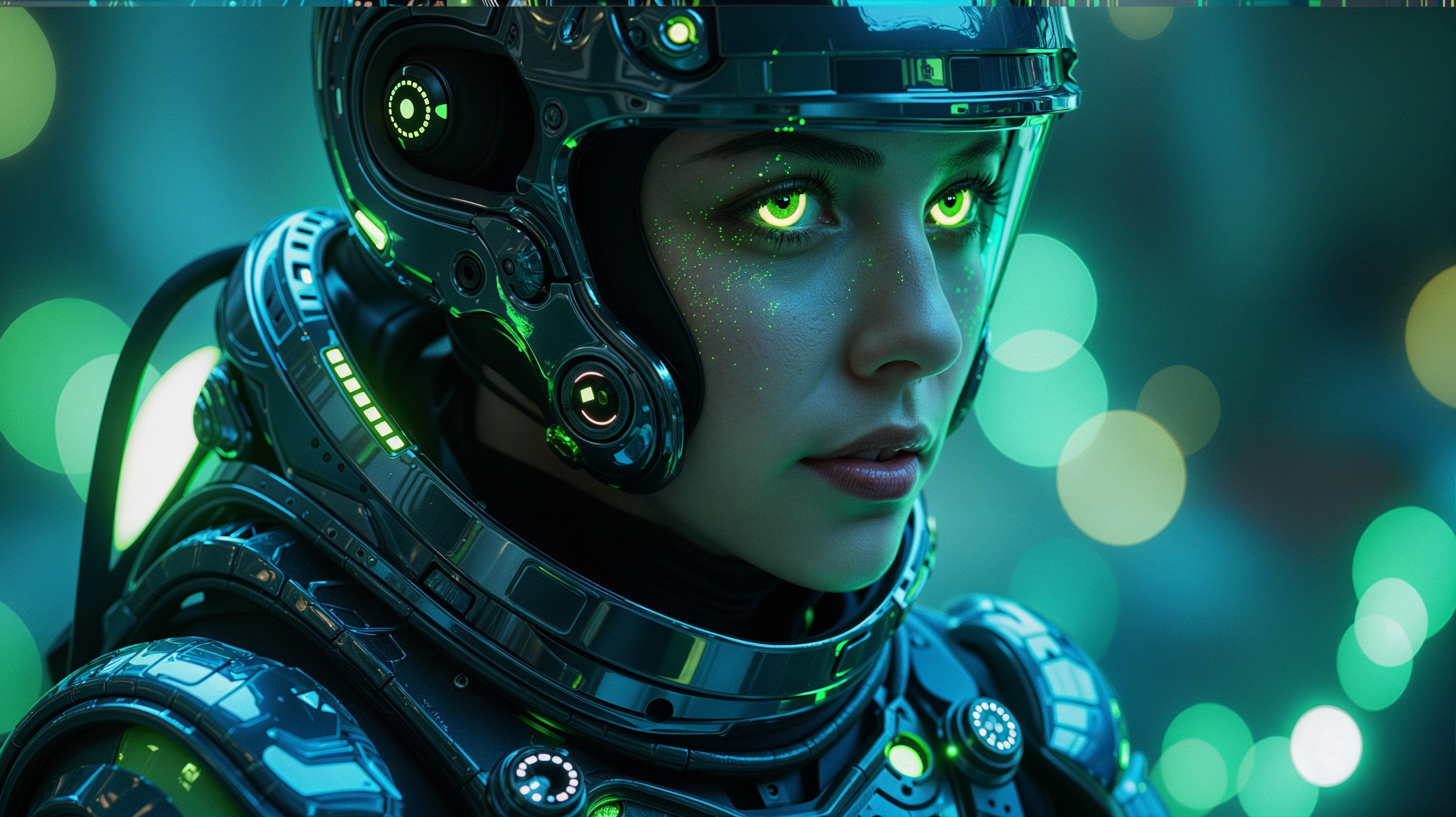 Futuristic figure in high-tech helmet with green accents
