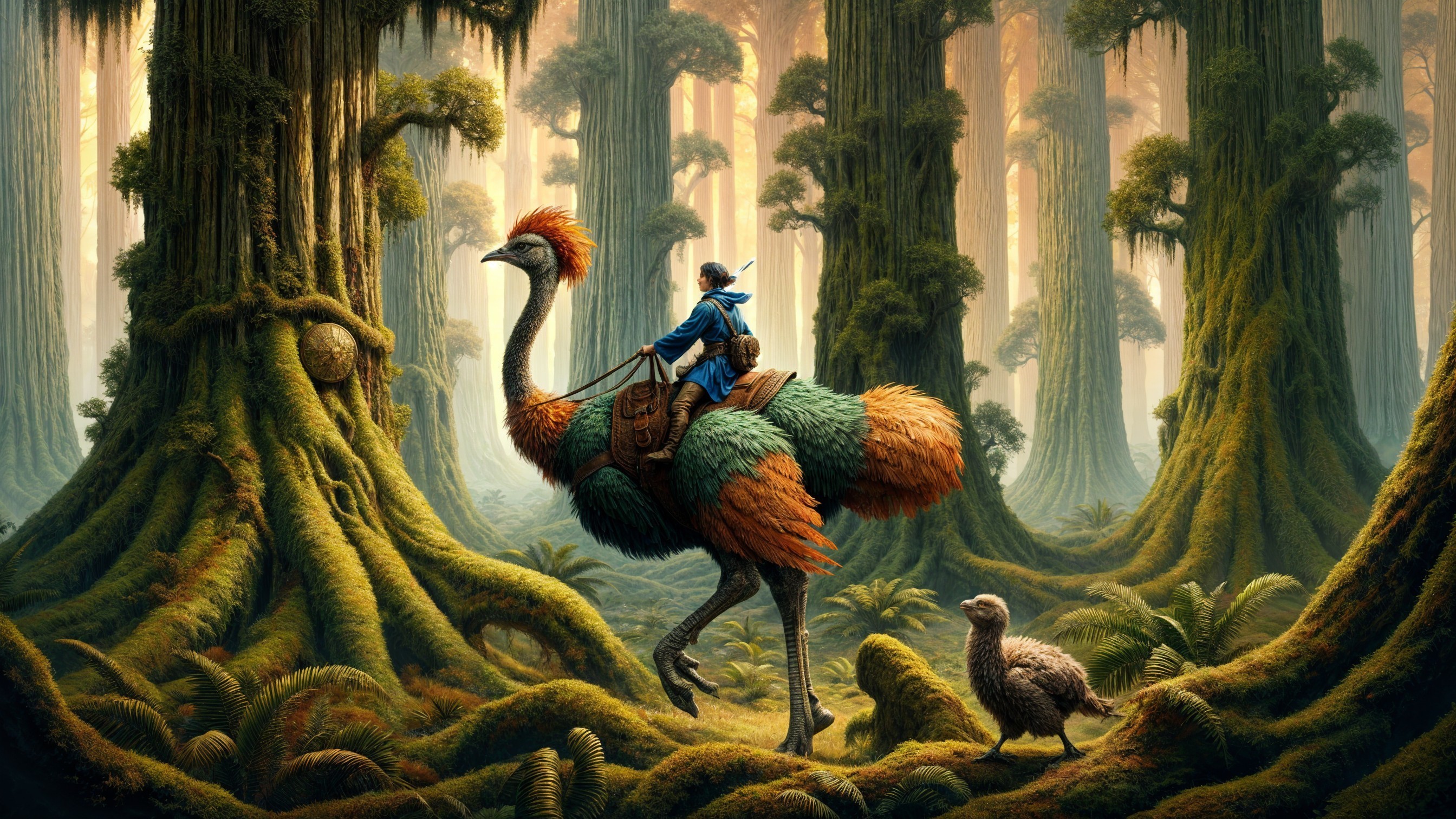 Rider on Colorful Bird in Lush Forest Setting