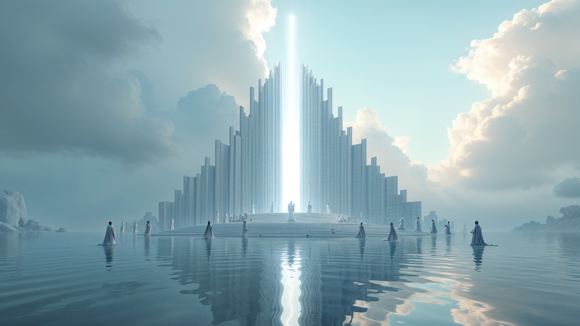 Futuristic temple surrounded by serene waters and light