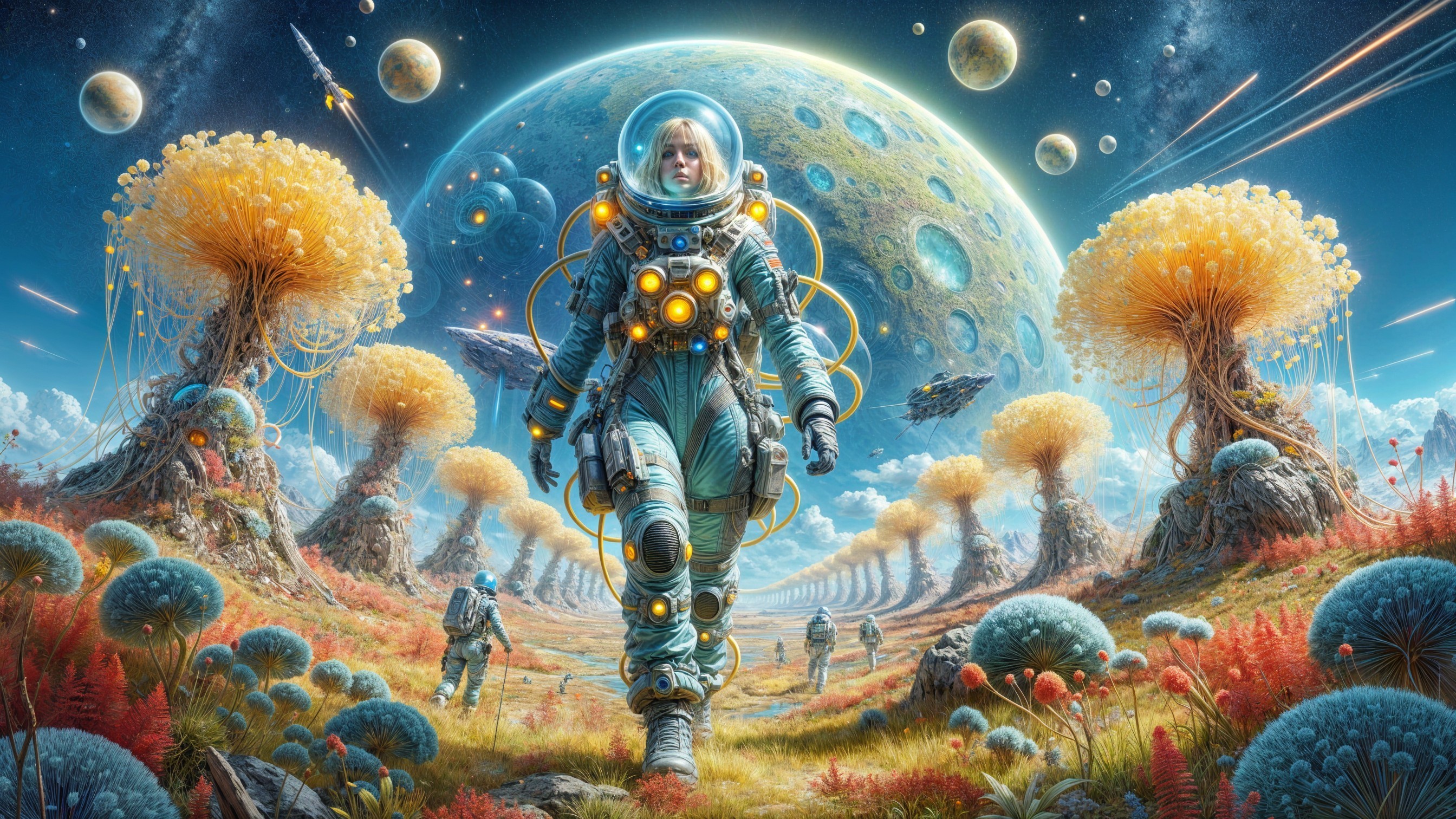 Astronauts Exploring a Colorful Alien Landscape