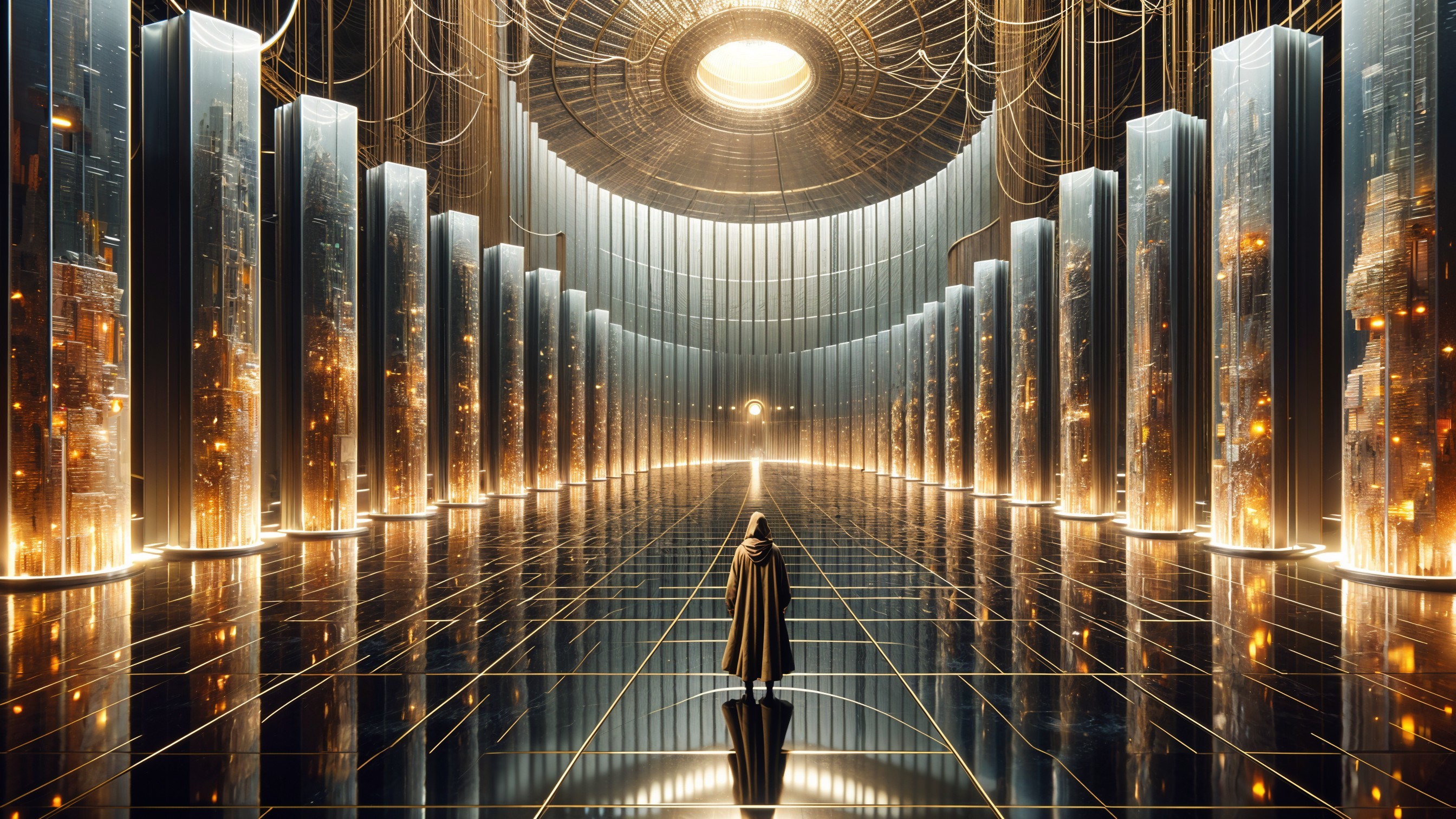 Futuristic hall with glowing circuitry and reflective floor