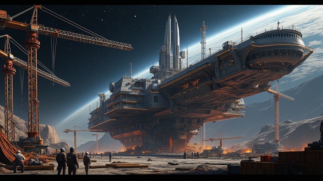 Futuristic Spaceship Over Rocky Landscape with Machinery