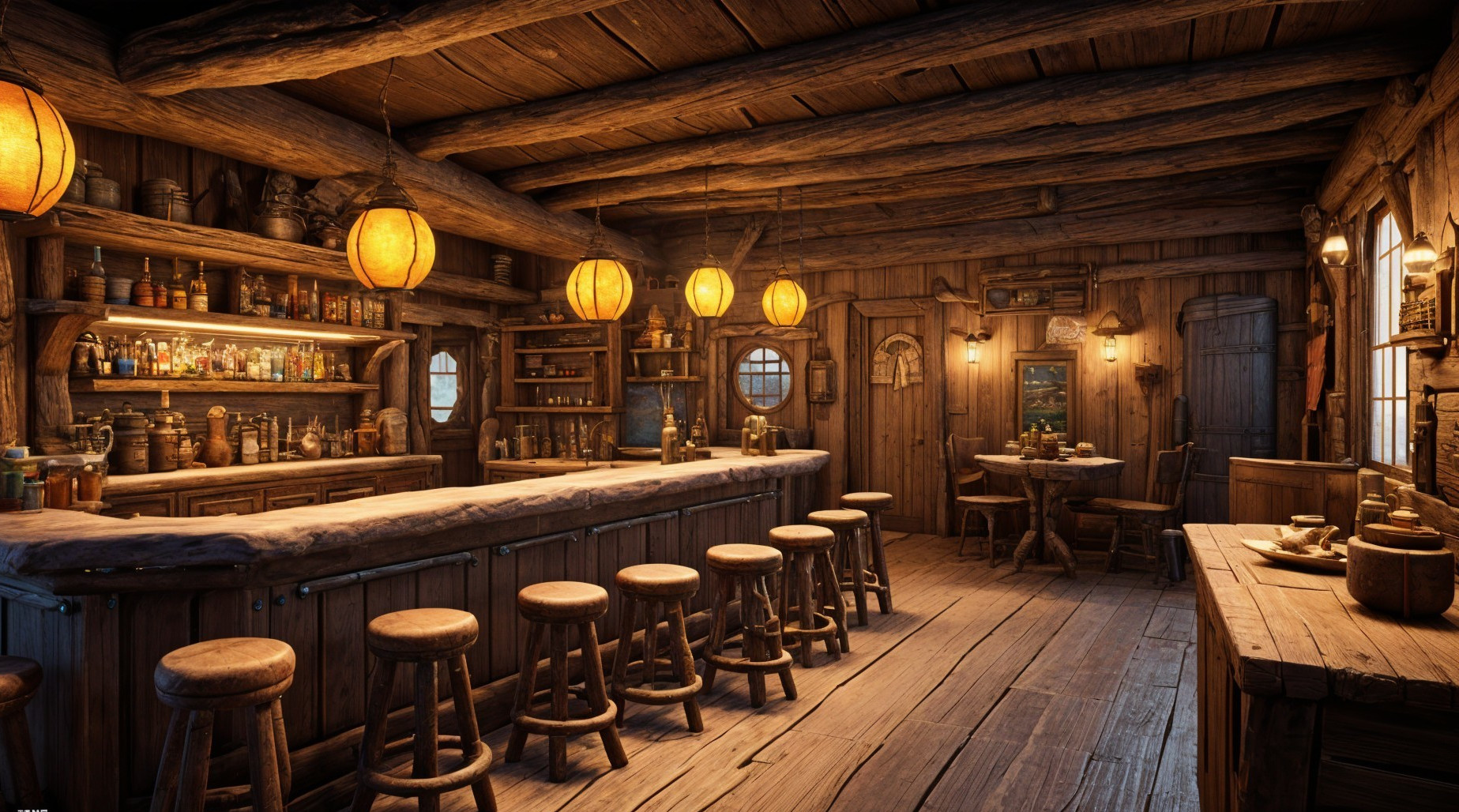 Rustic Tavern Interior with Wooden Beams and Lanterns