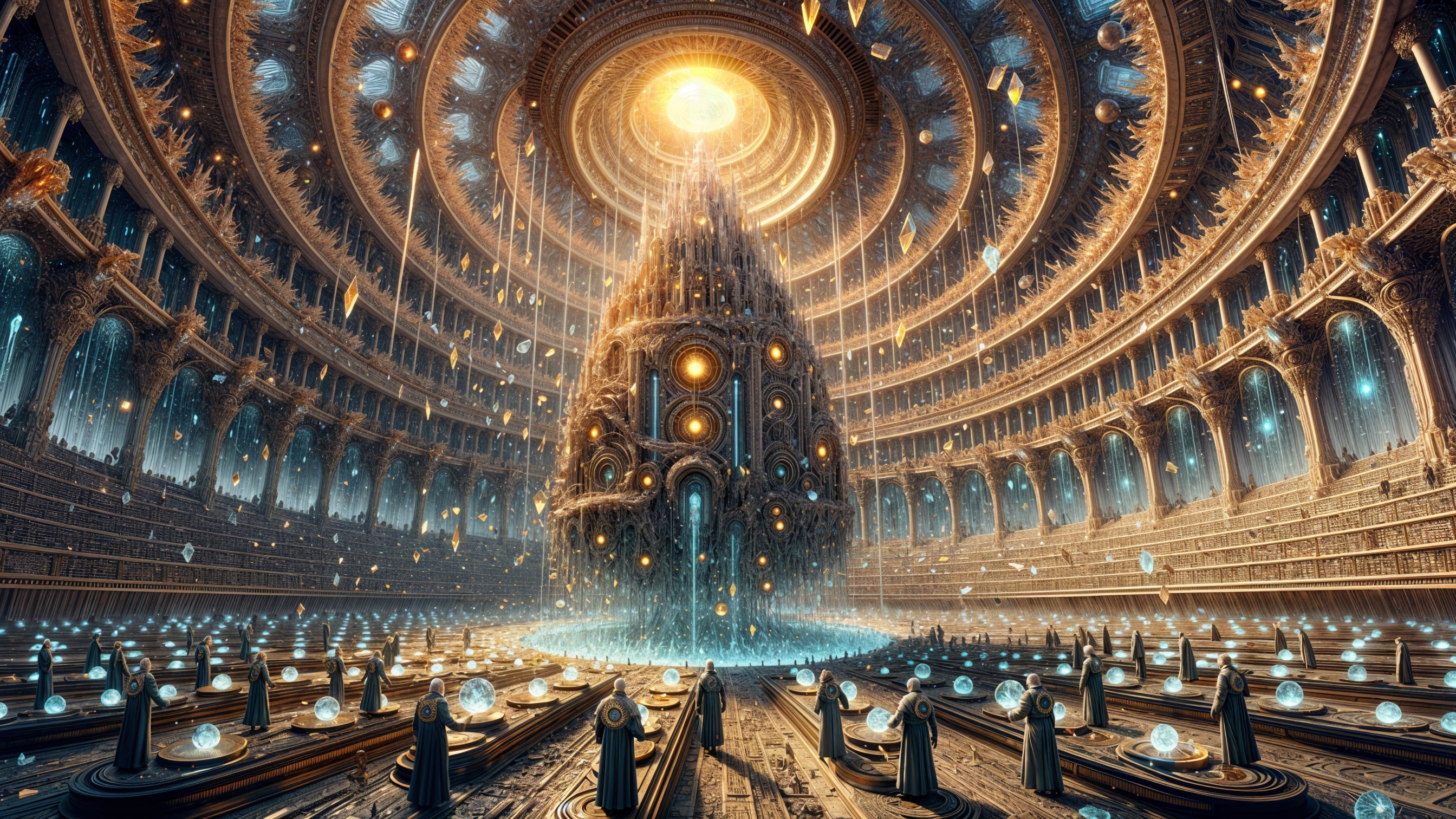 Ornate chamber with central structure and glowing orbs