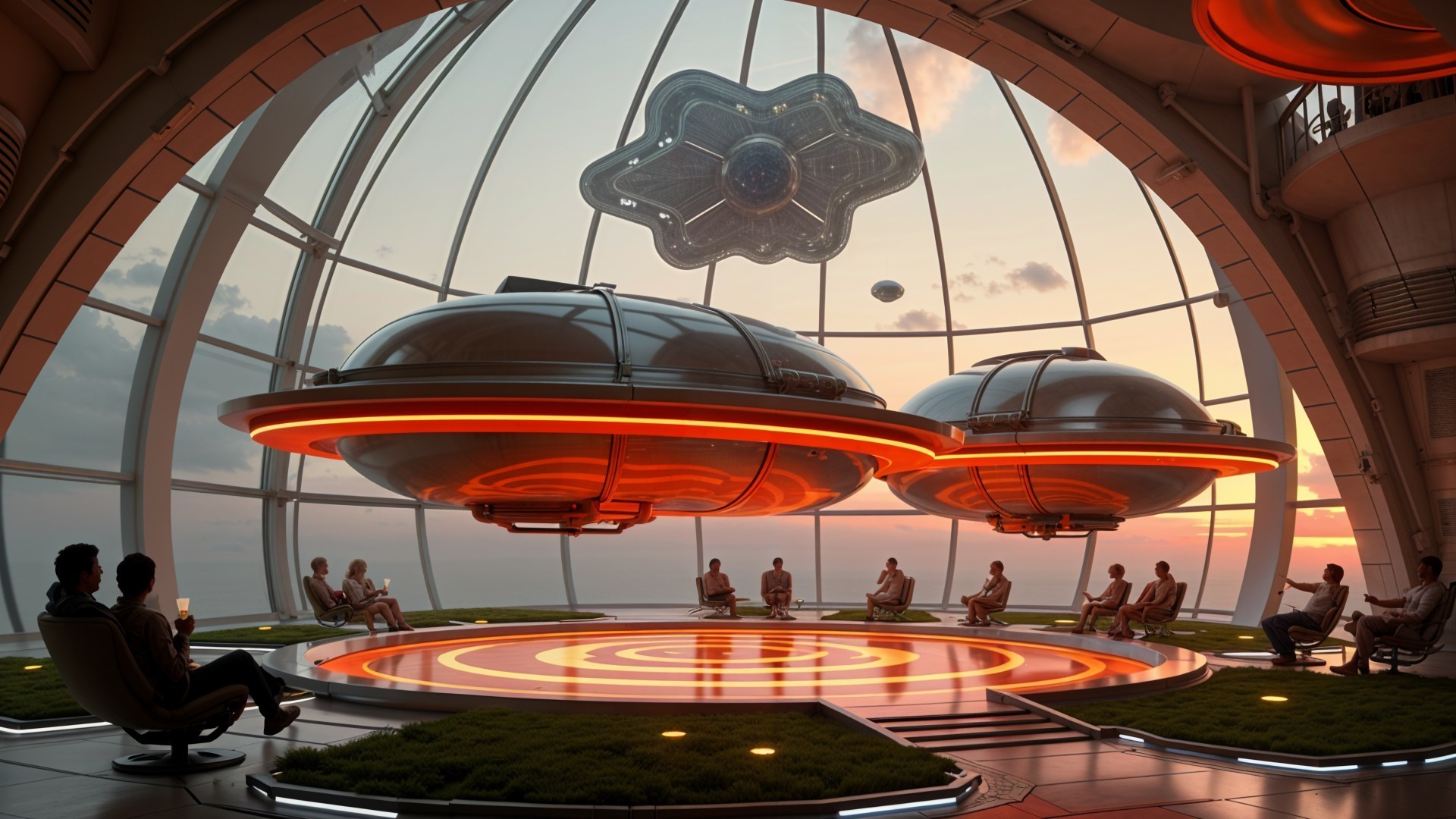 Futuristic Room with Hovering Spacecraft and Starry Sky