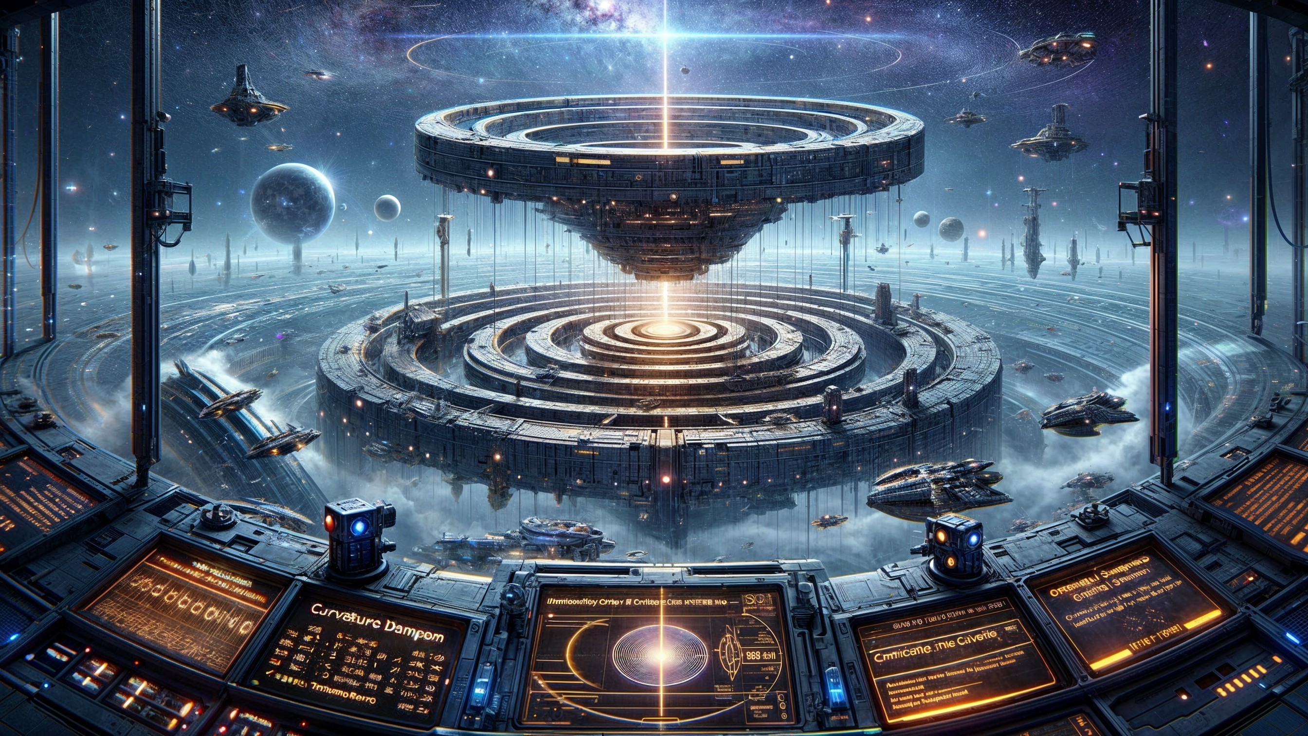 Futuristic Space Station with Circular Structures and Light