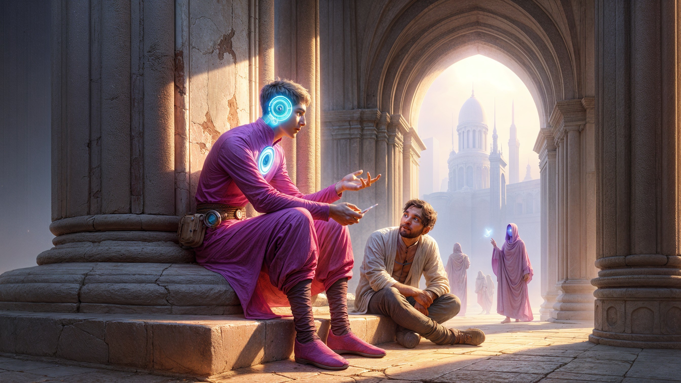 Conversation Under Stone Arches in Ancient City