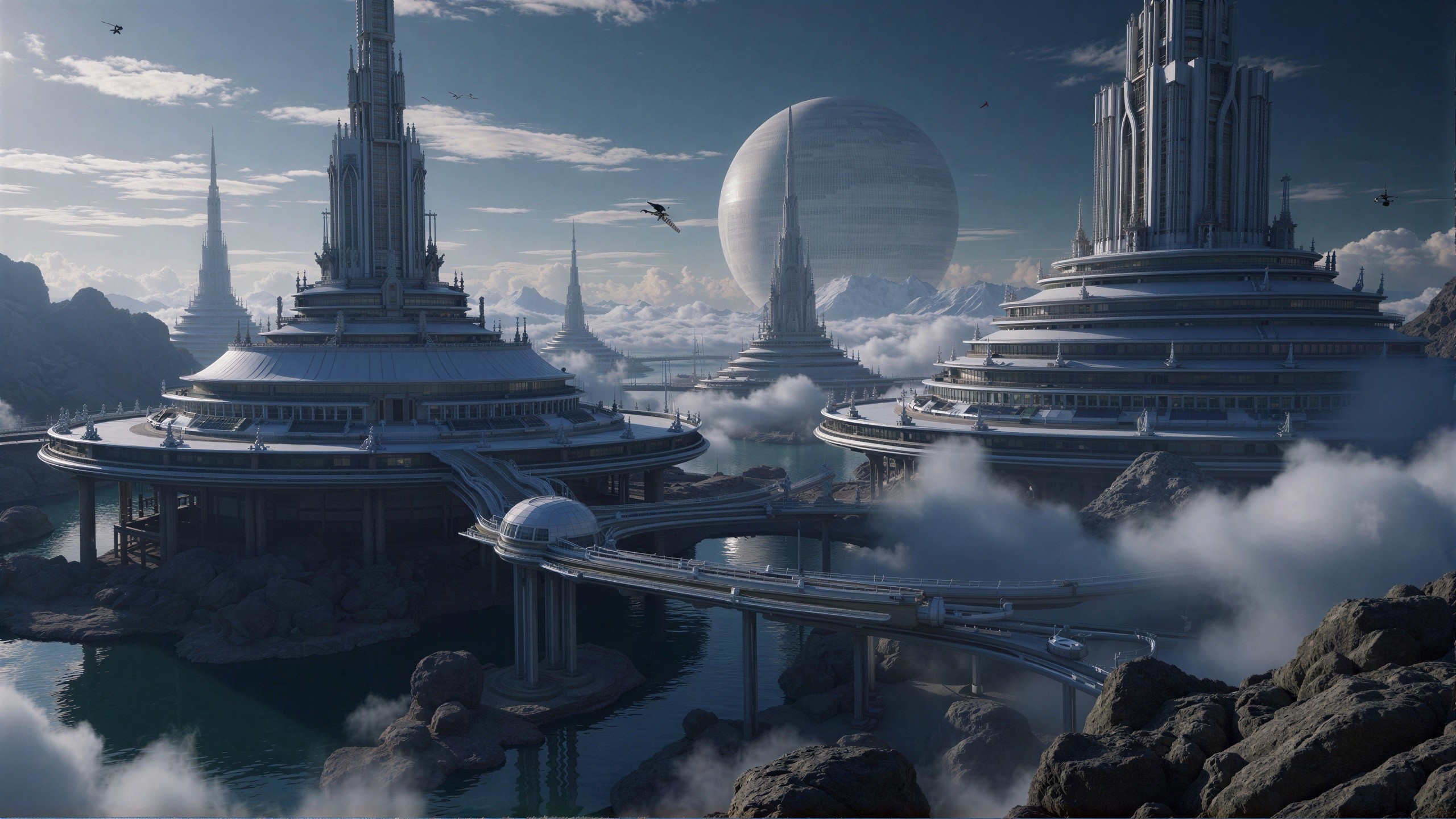 Futuristic cityscape with spired buildings and water