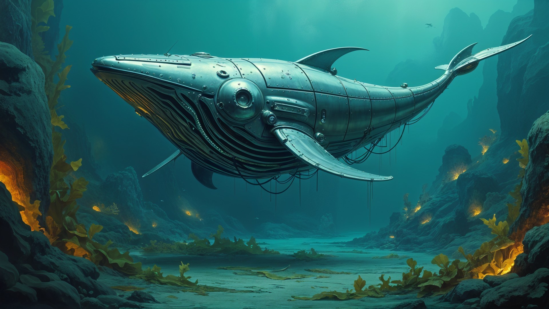 Mechanical Whale in Serene Underwater Landscape
