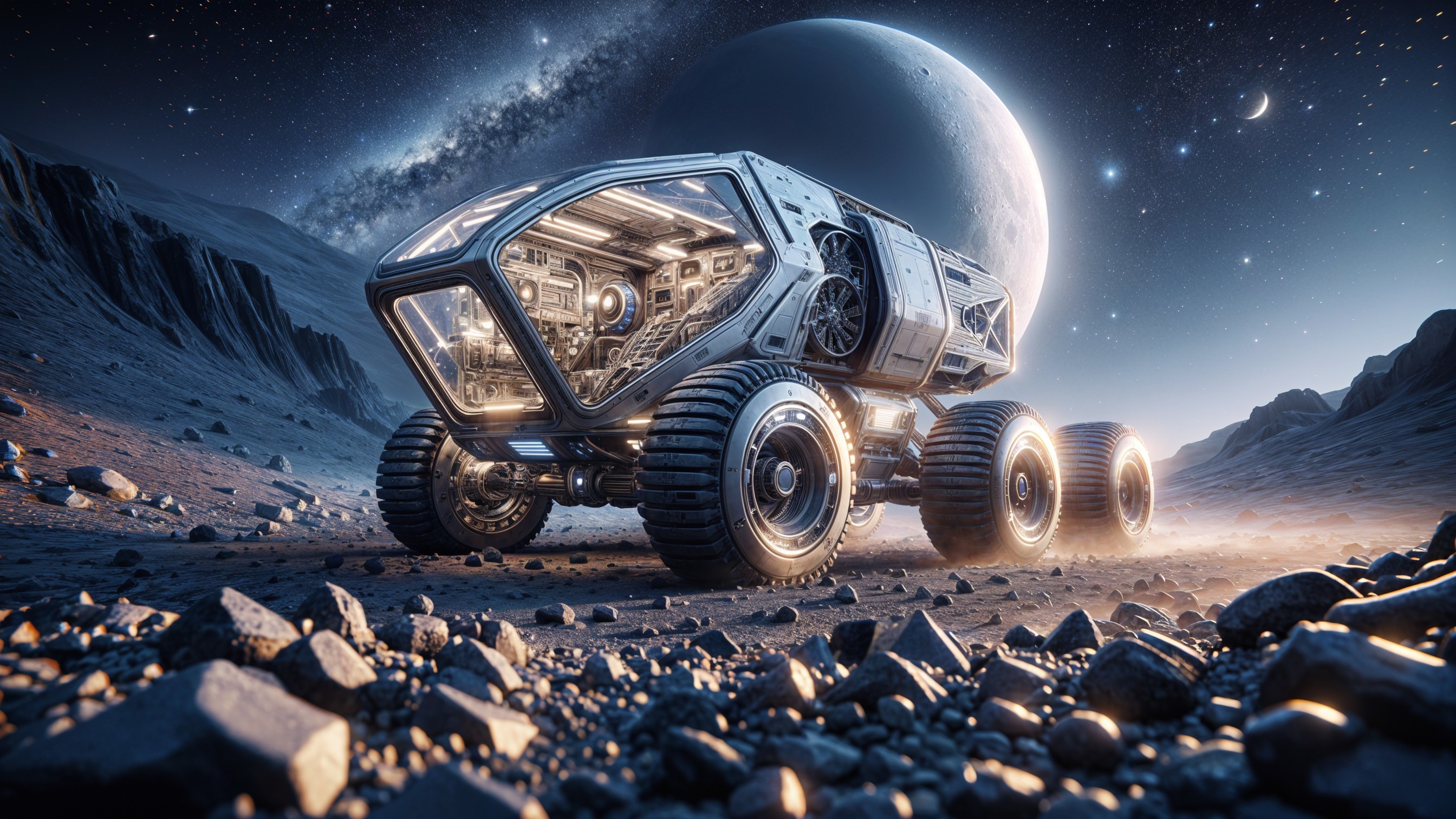 Futuristic lunar vehicle explores alien moon terrain
