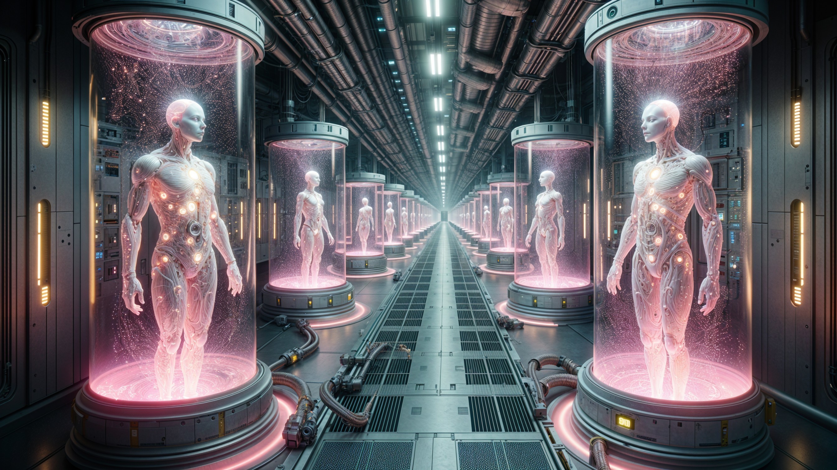 Futuristic laboratory with glowing humanoid figures