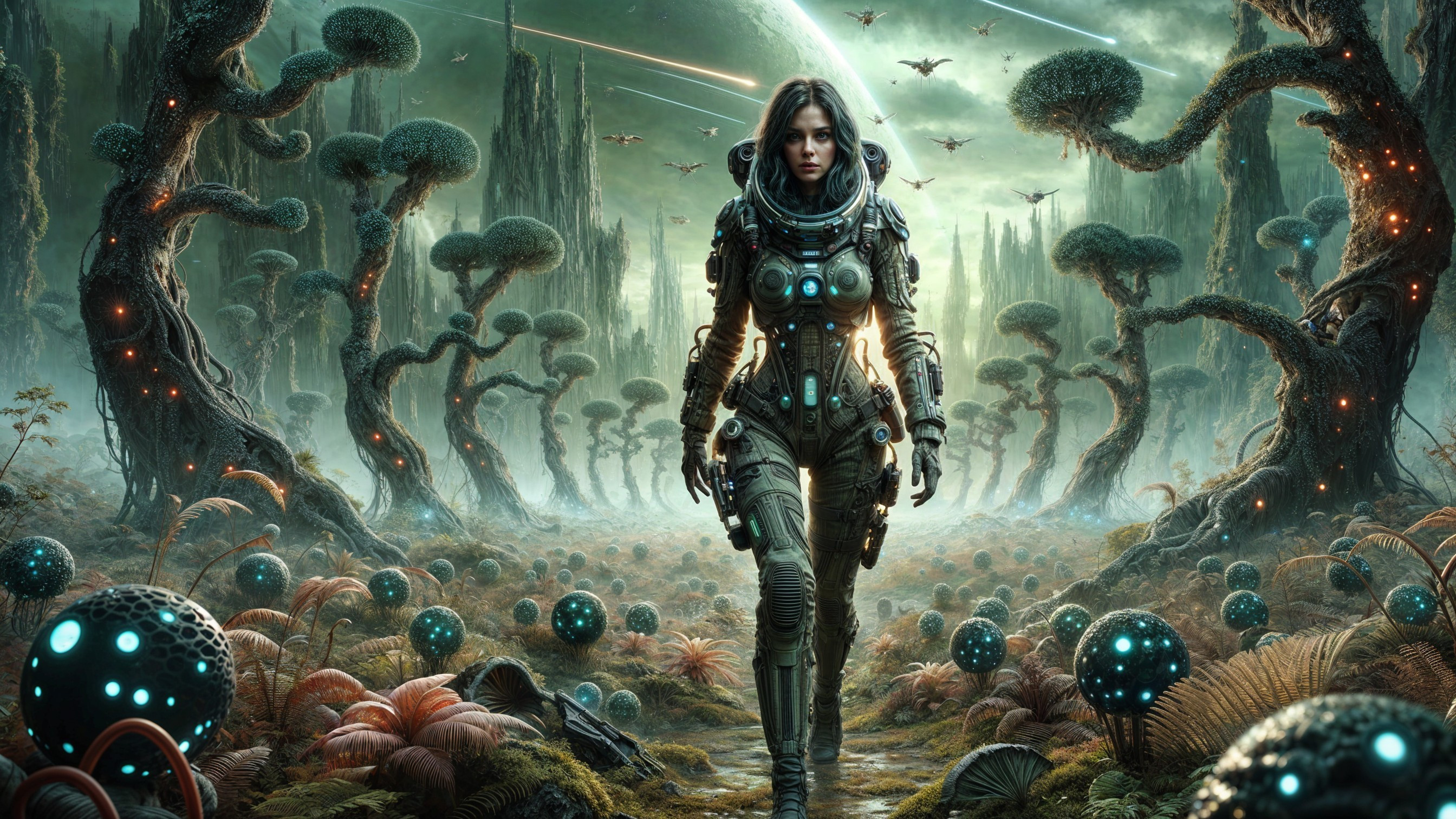 Futuristic Female in Bioluminescent Alien Landscape