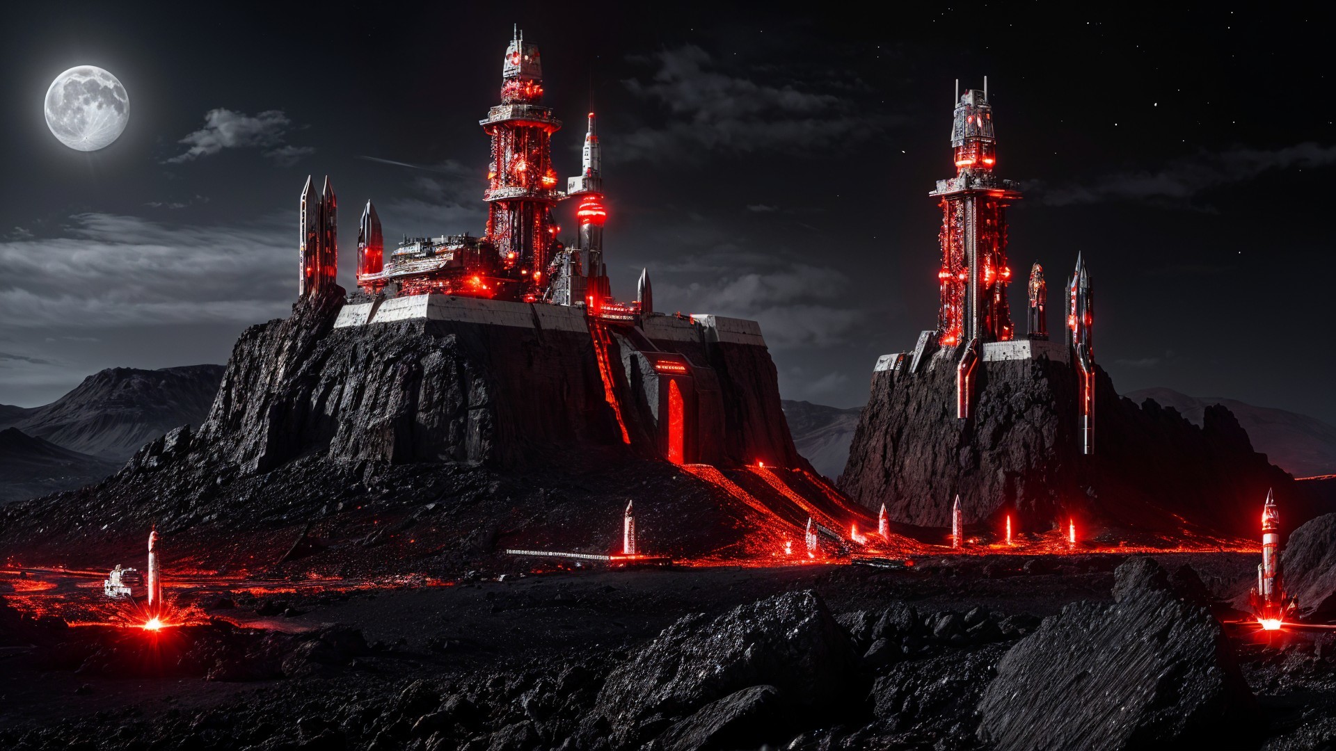 Futuristic landscape with angular structures and moonlight