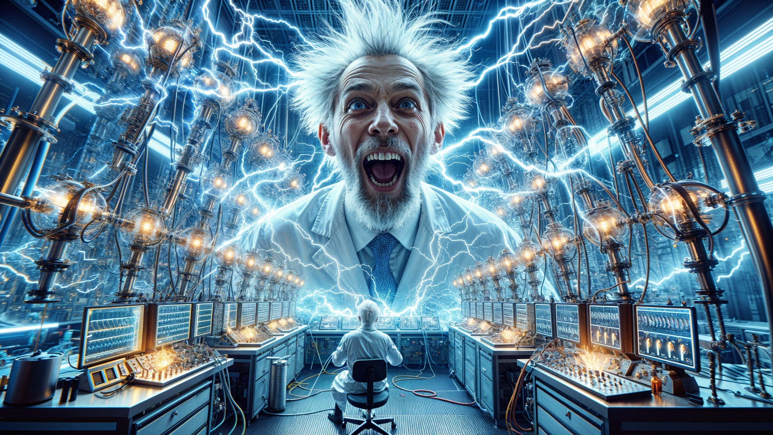 Mad Scientist in High-Tech Lab Surrounded by Machinery