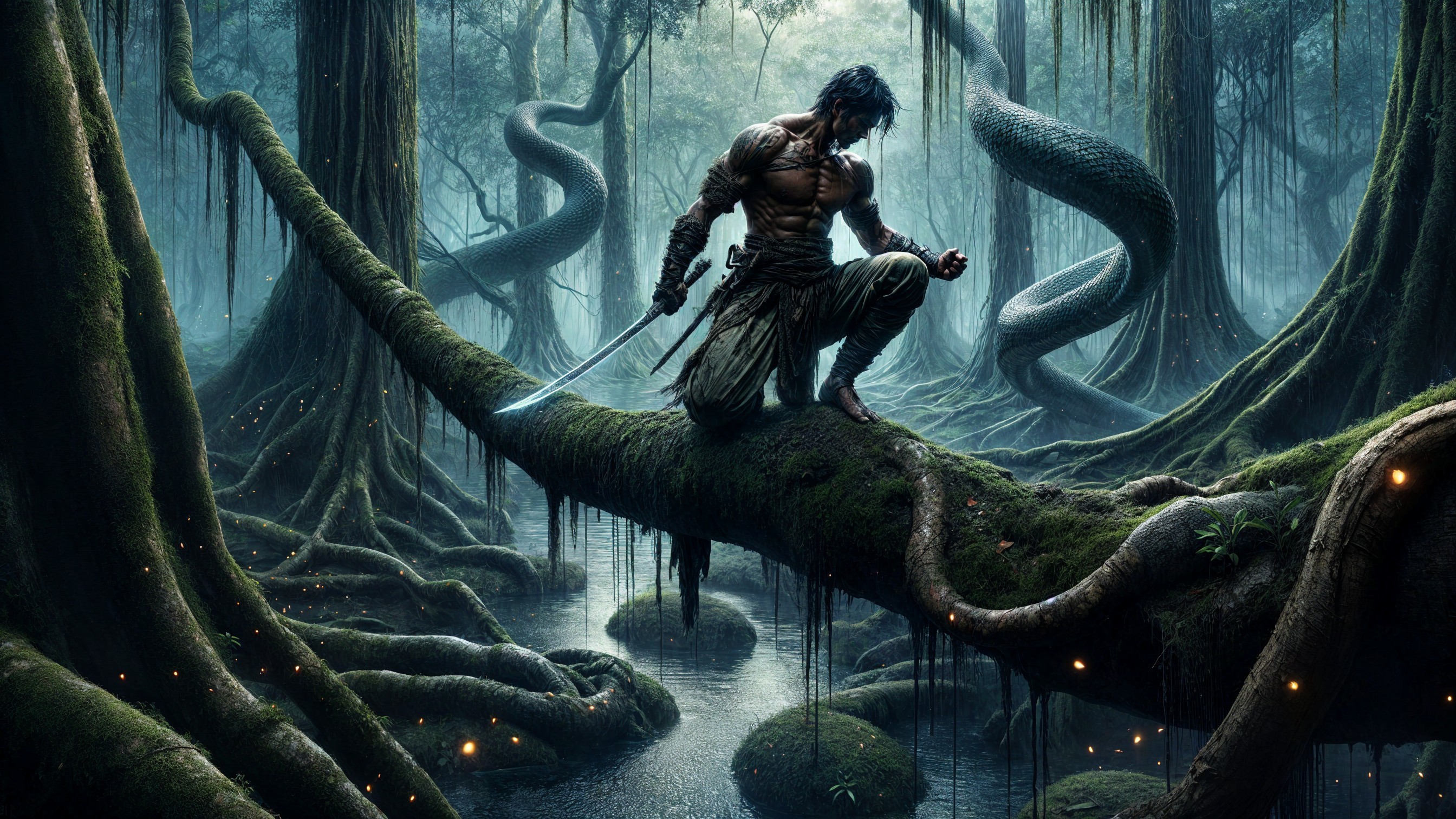 Muscular Warrior in Mystical Forest with Sword