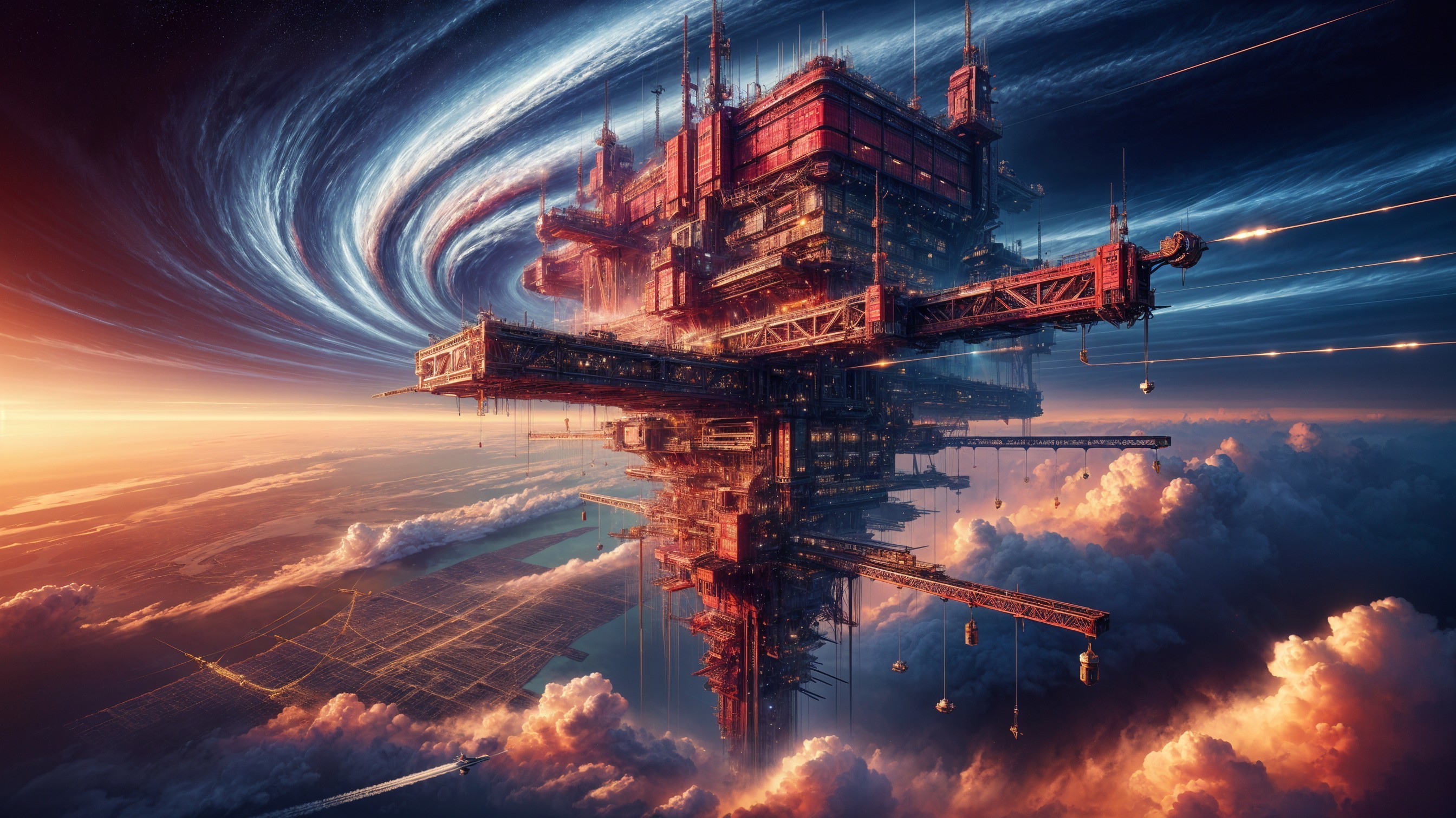 Futuristic floating structure in a vibrant sky