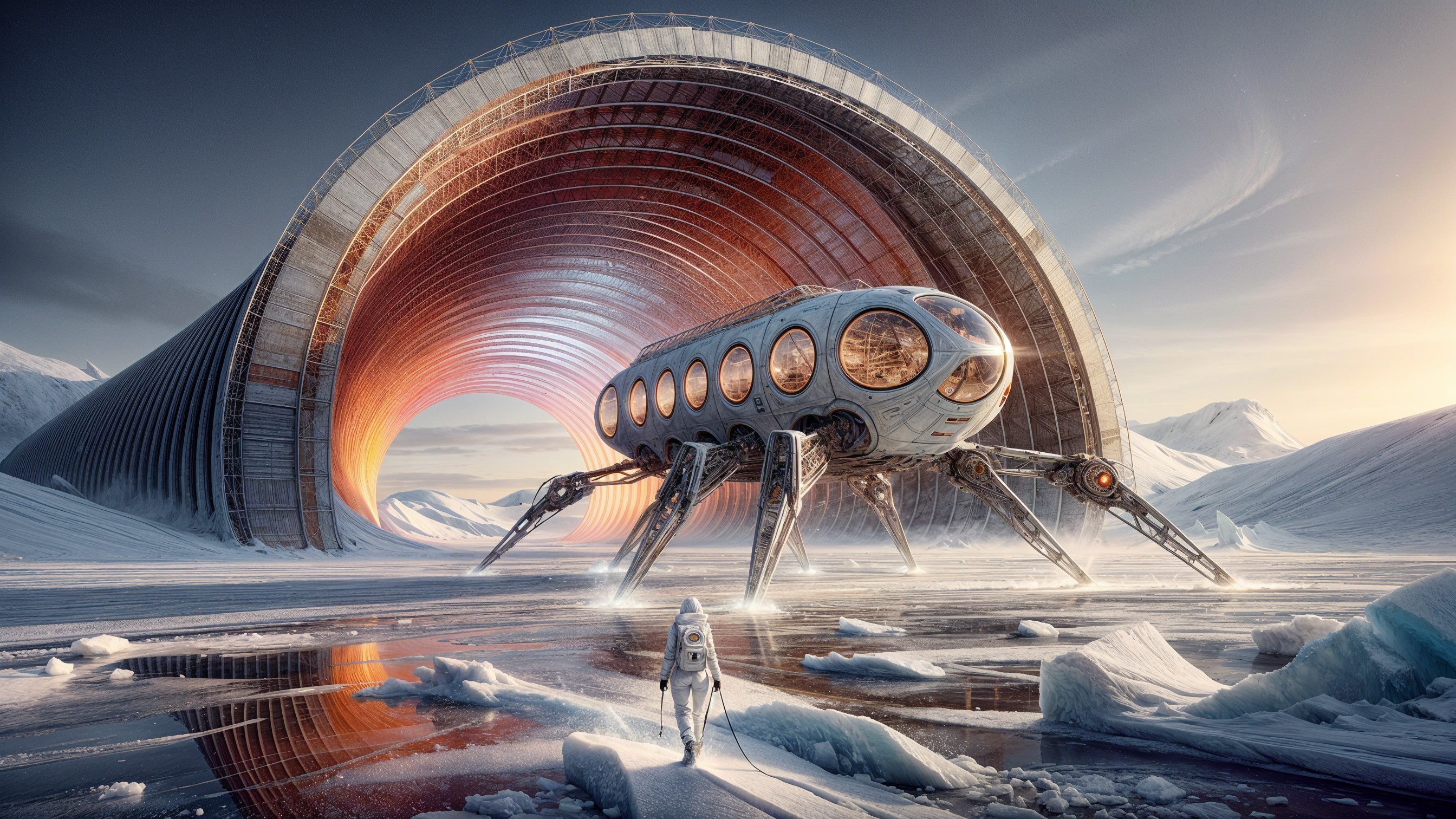 Futuristic spaceship in icy landscape with astronaut
