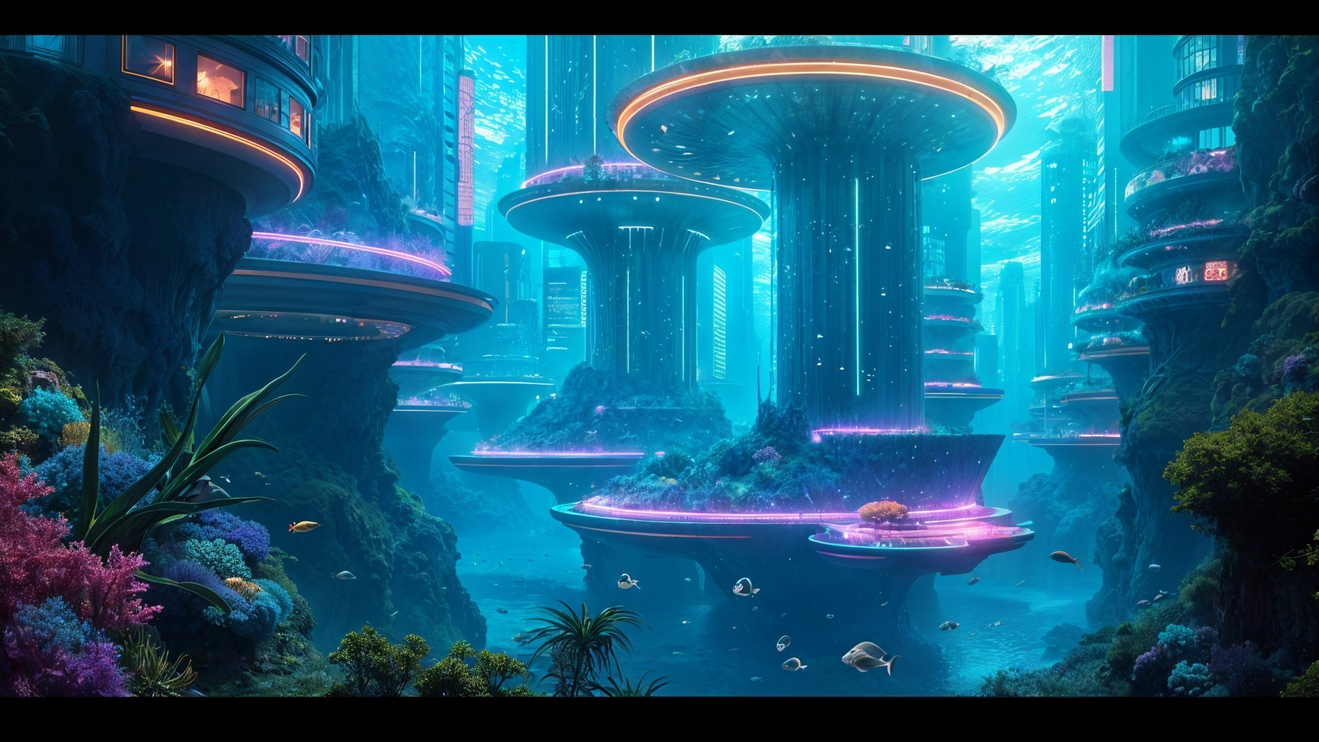 Futuristic Underwater Cityscape with Marine Life
