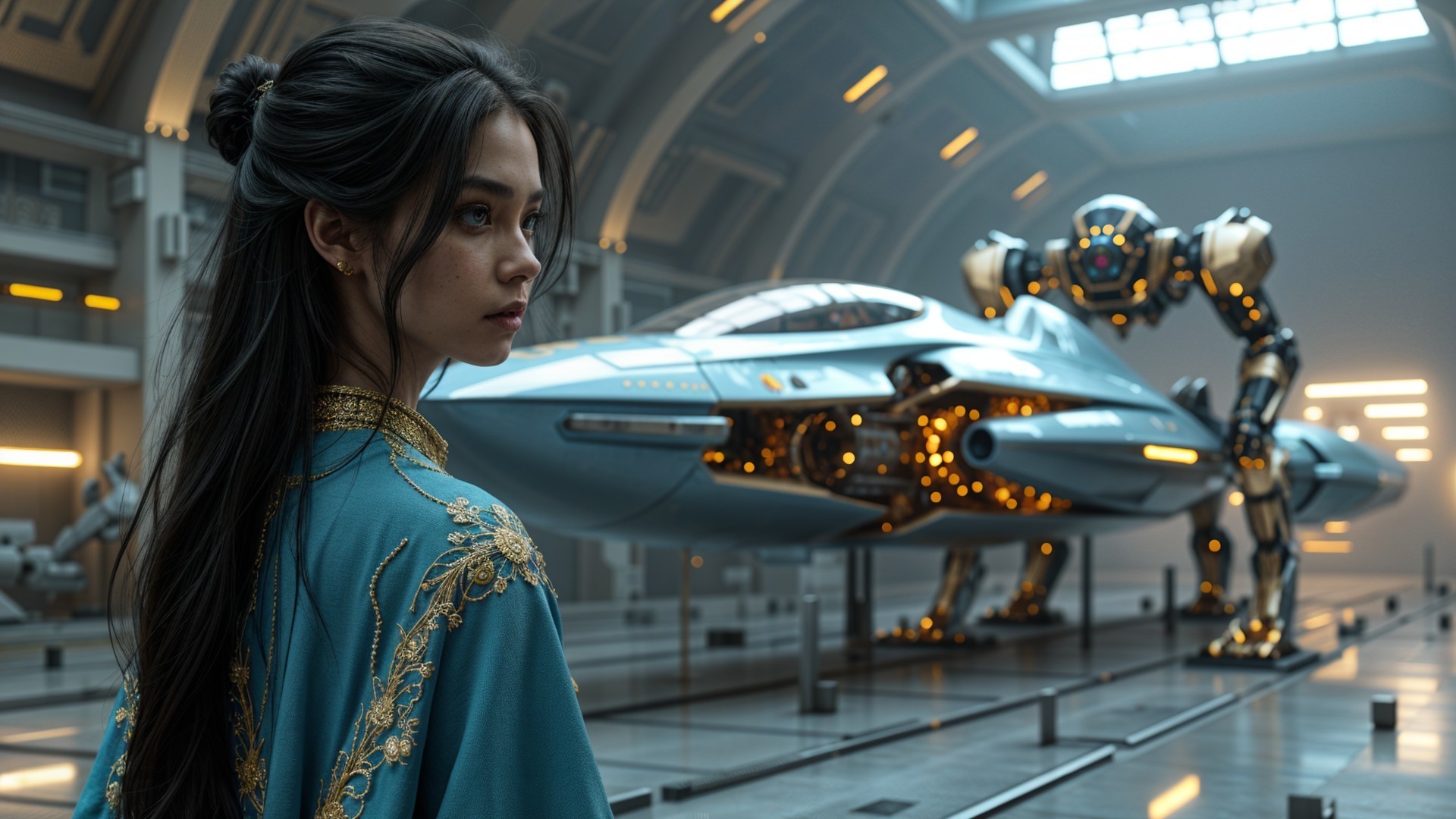 Young Woman in Blue Outfit with Futuristic Spacecraft