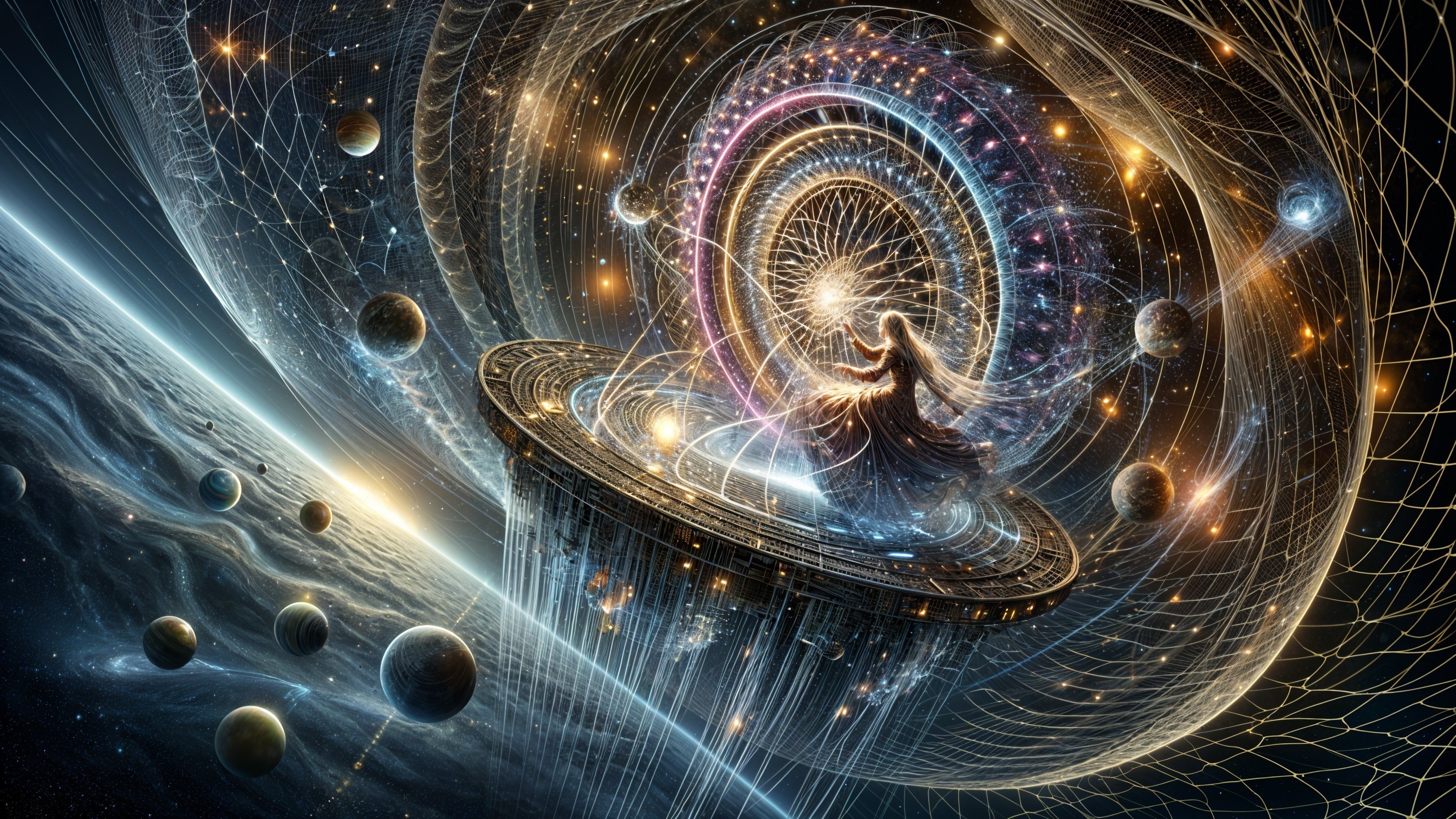 Cosmic Scene with Figure on Swirling Platform