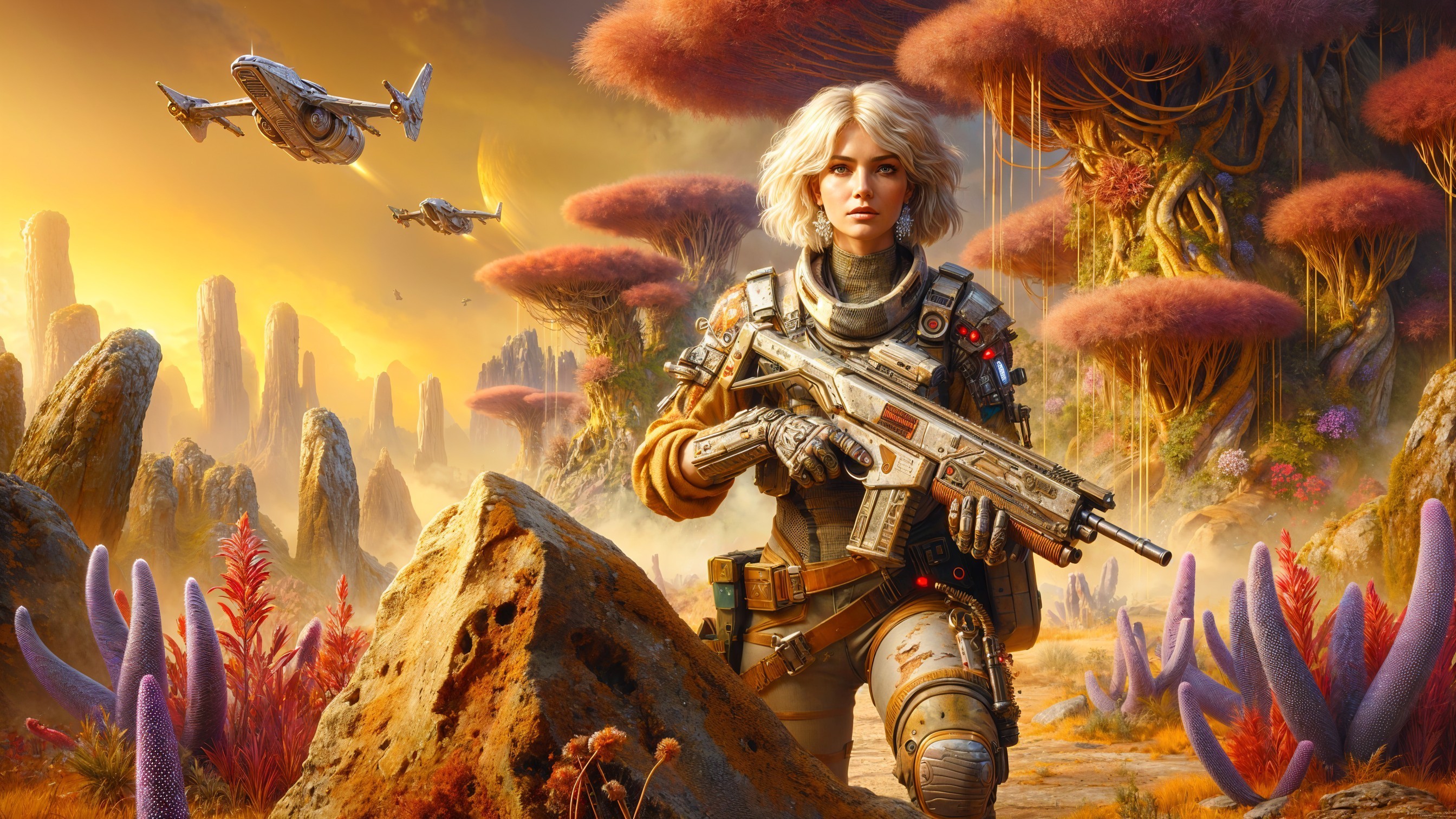Fierce Female Warrior in Alien Landscape with Futuristic Gear