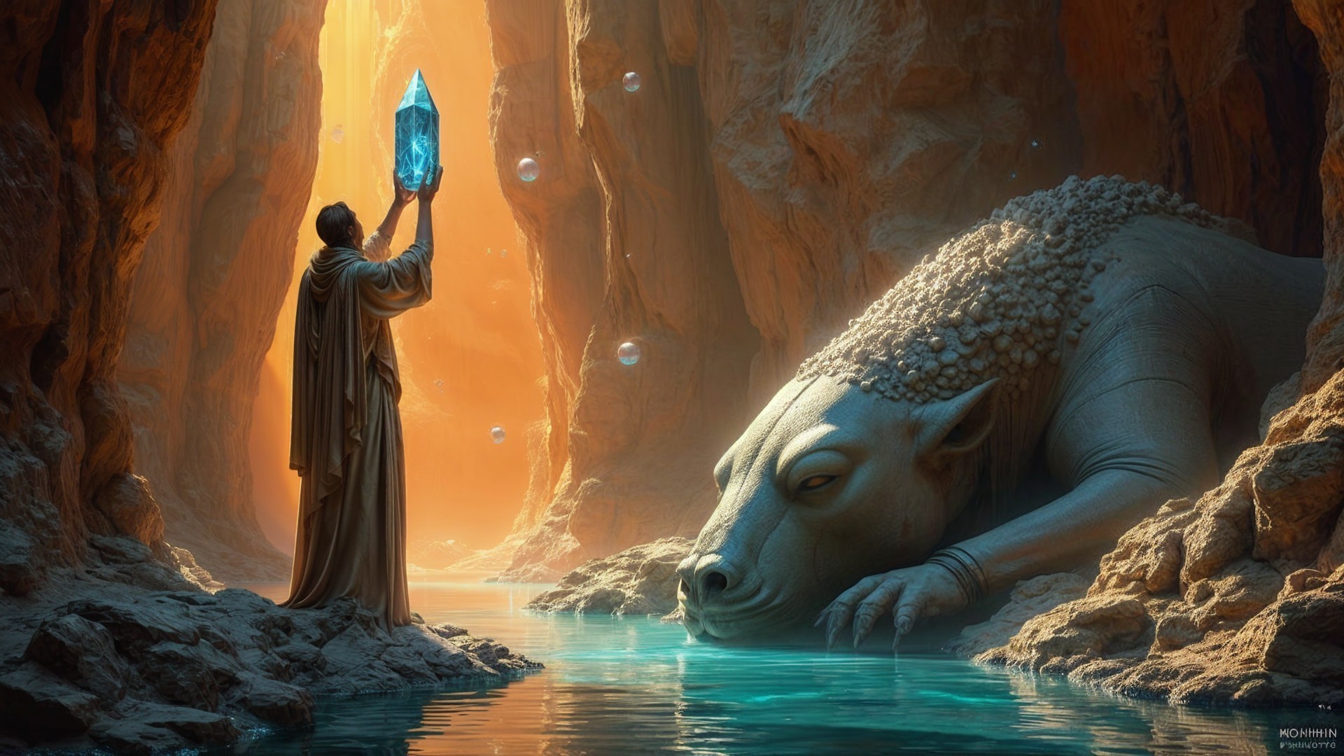 Mystical Canyon with Glowing Crystal and Stone Creature