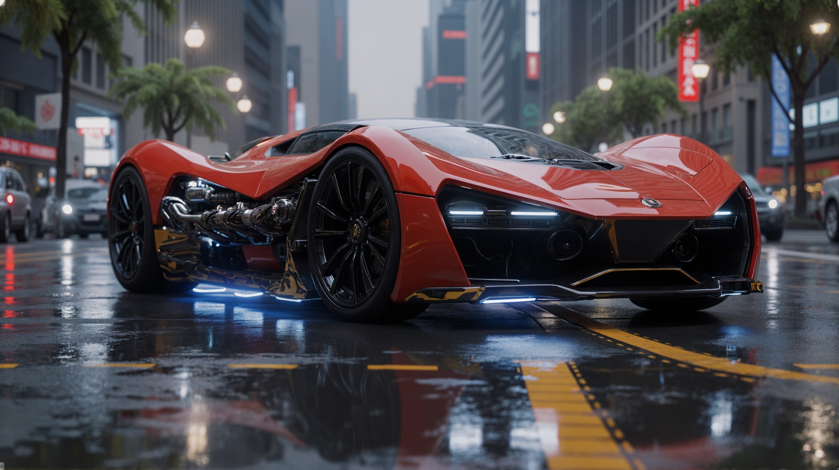 Futuristic Orange Supercar on Rainy Urban Street