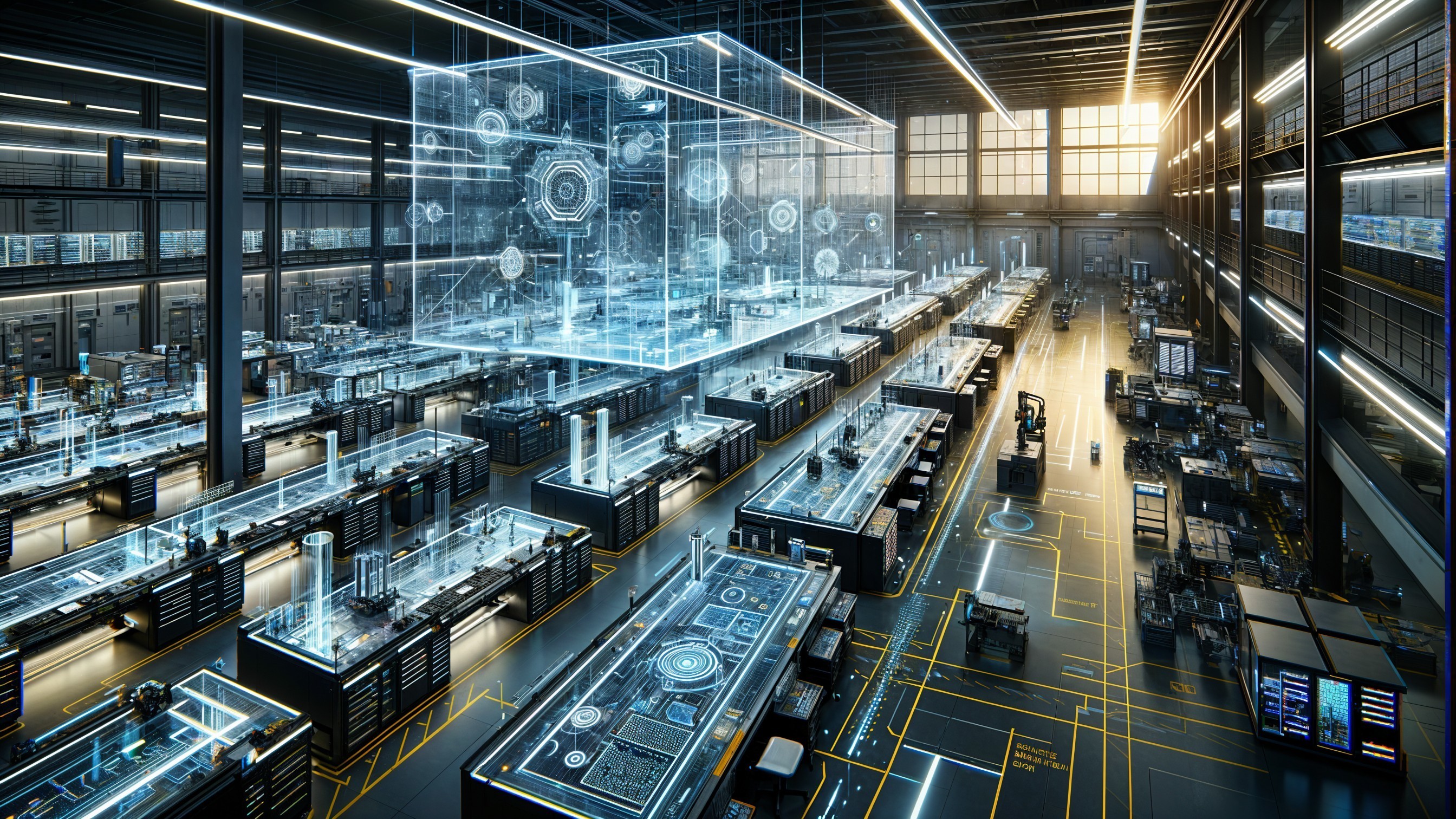 Futuristic laboratory with high-tech workstations and displays