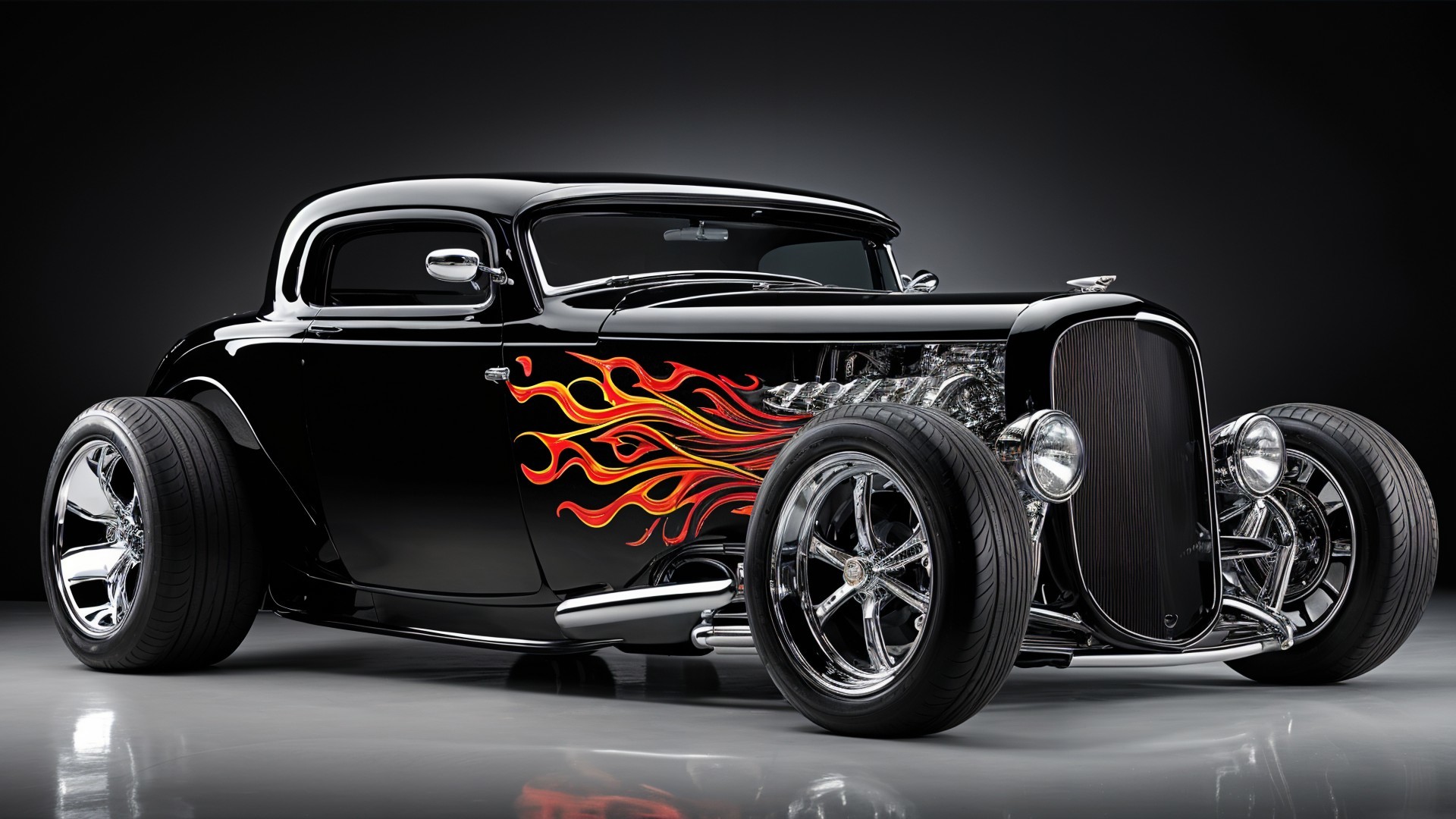 Custom Black Hot Rod with Flame Decals and Chrome Grille