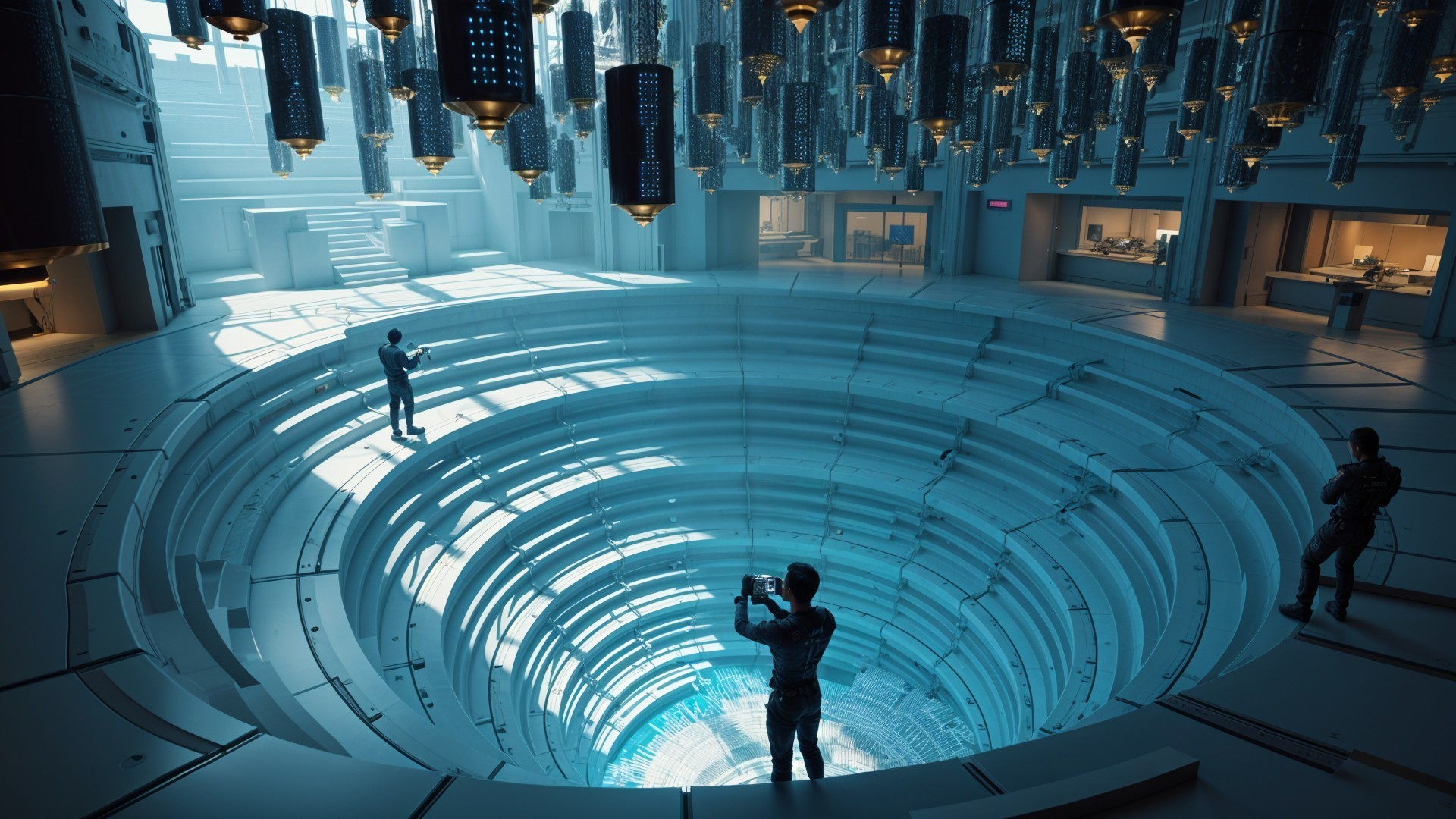 Futuristic High-Tech Facility with Circular Pit and Lights