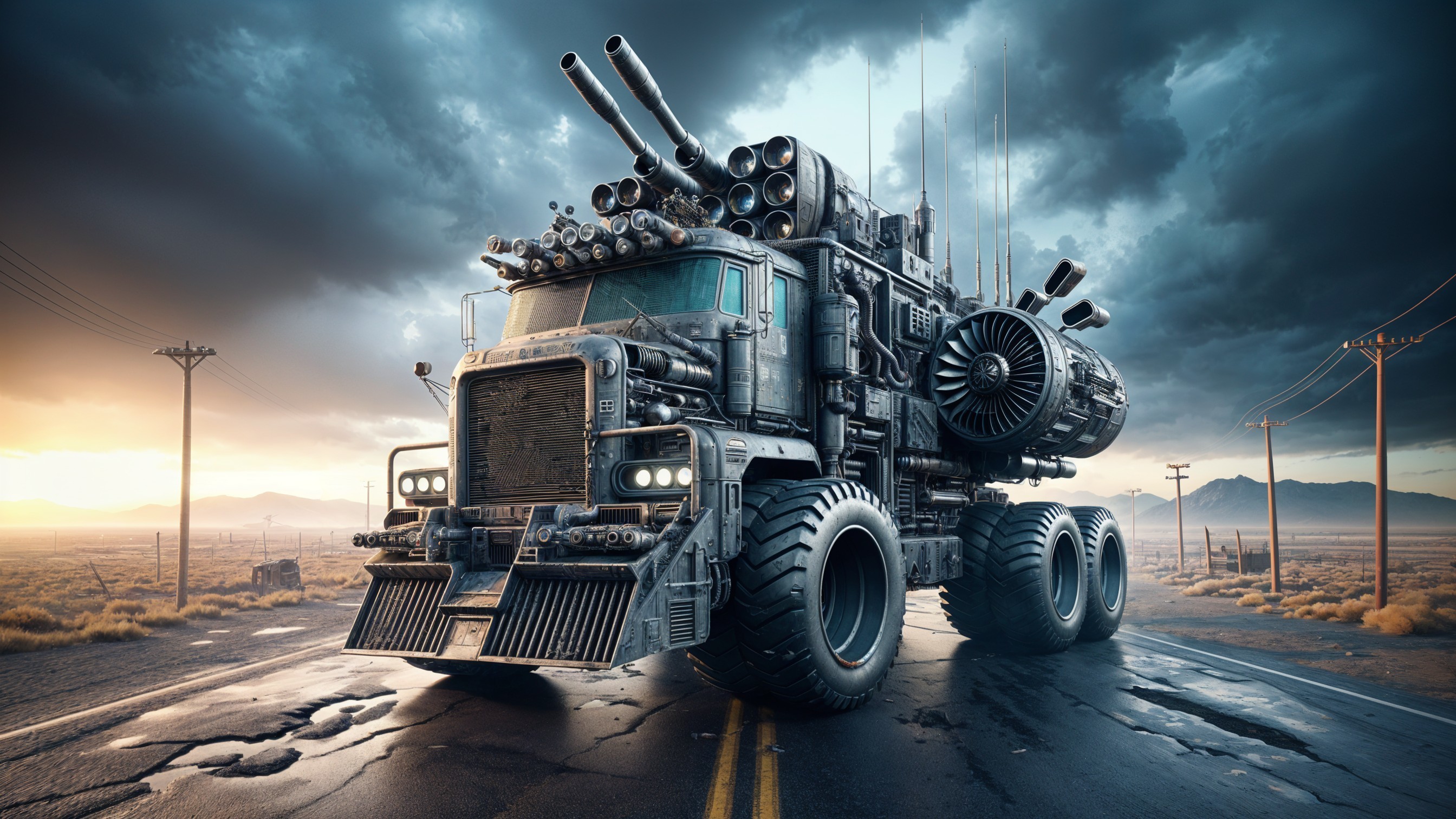 Heavily-Armored Truck in a Desolate Landscape