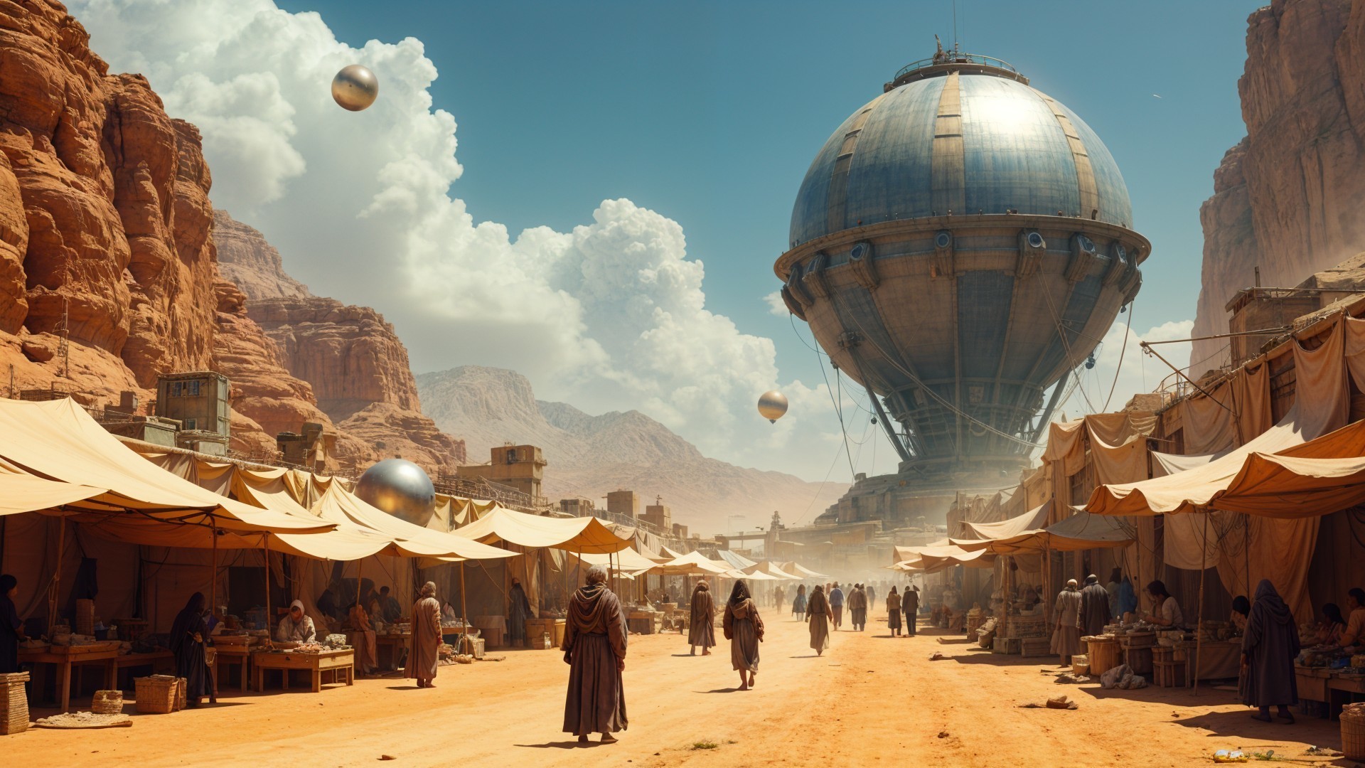 Desert Marketplace with Futuristic Airship and Stalls