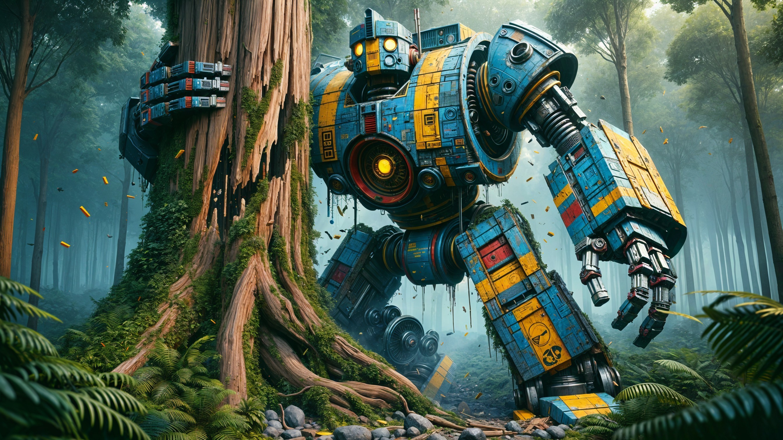 Colossal Robotic Figure in Lush Forest Setting
