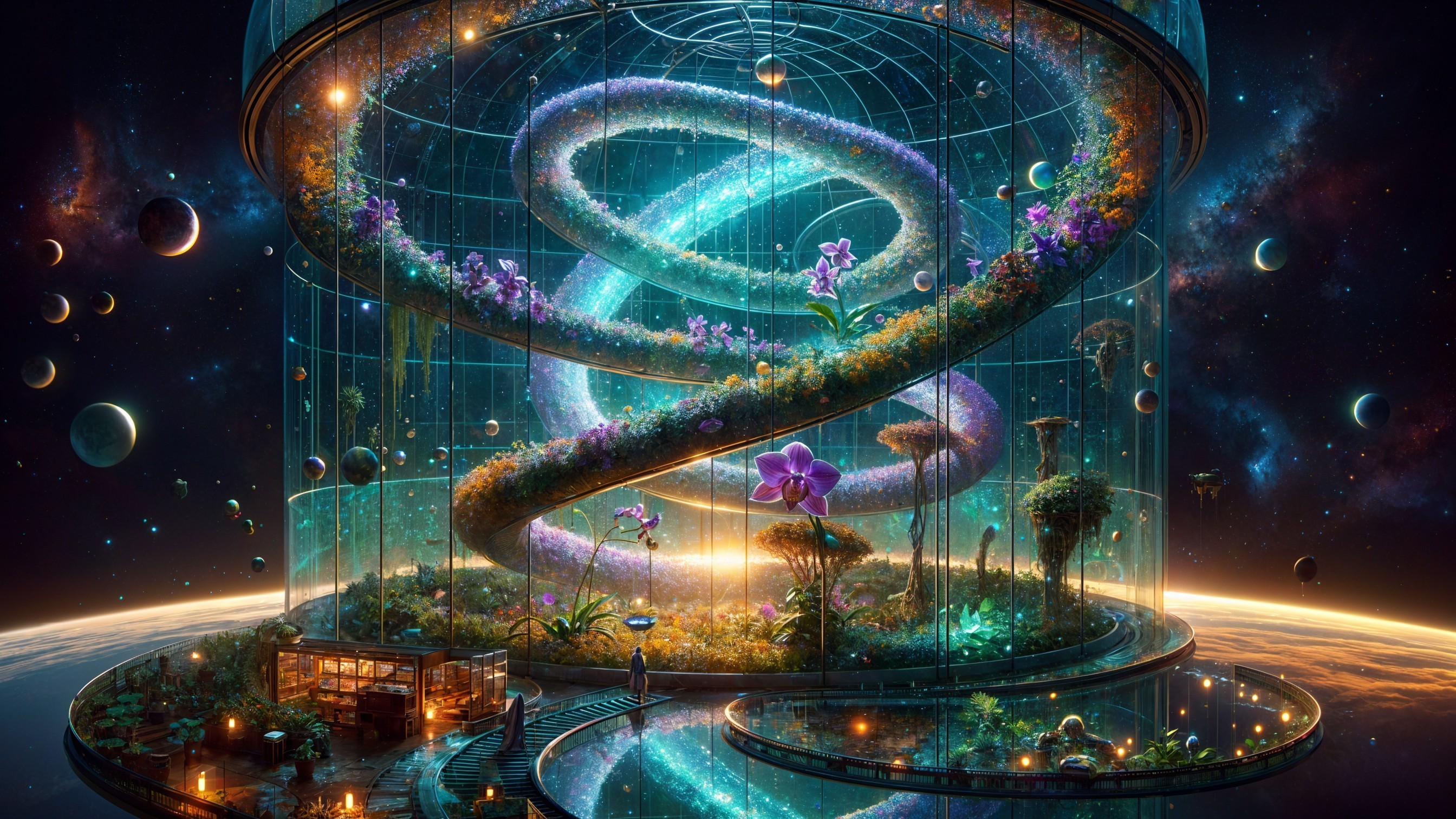 Futuristic Glass Habitat with Colorful Flora and Stars